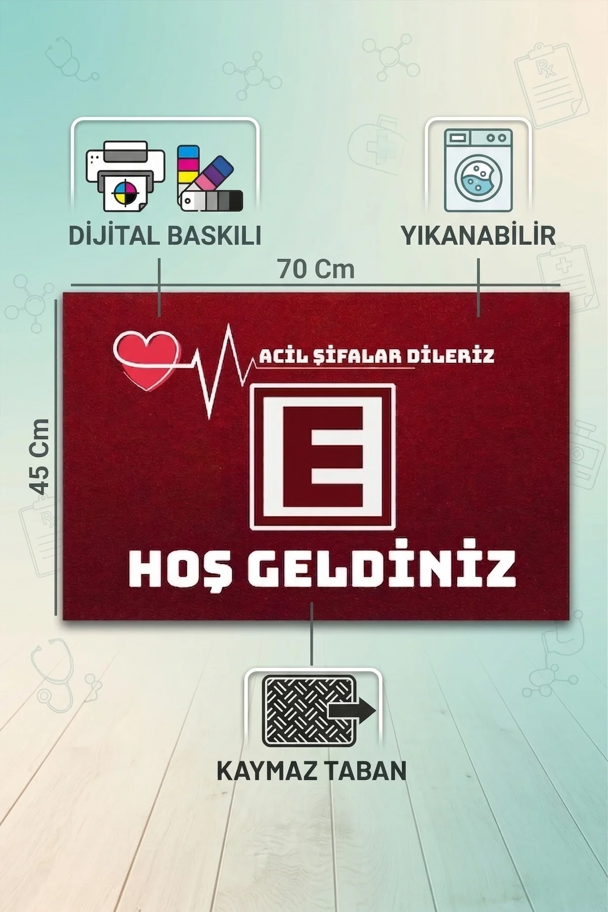 Valerine Life Eczane Logolu Kırmızı Acil Şifalar Dileriz Hoşgeldiniz İşyeri Kapı Önü Paspası 45x70cm