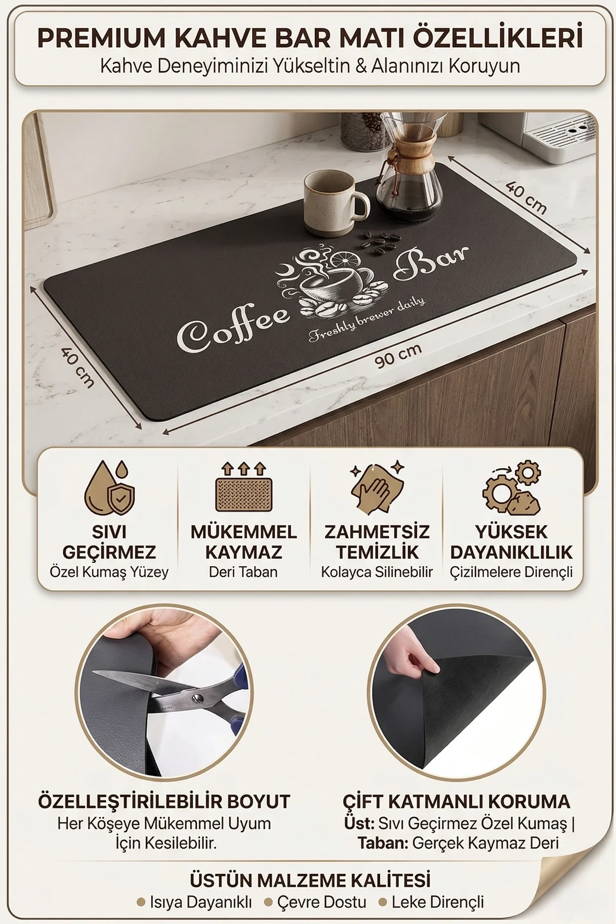 Valerine Life Barista Matı Sıvı Geçirmez Büyük Boy XXL Kahve Barı Espresso Kahve Makinesi Pad 40x90cm 27241224