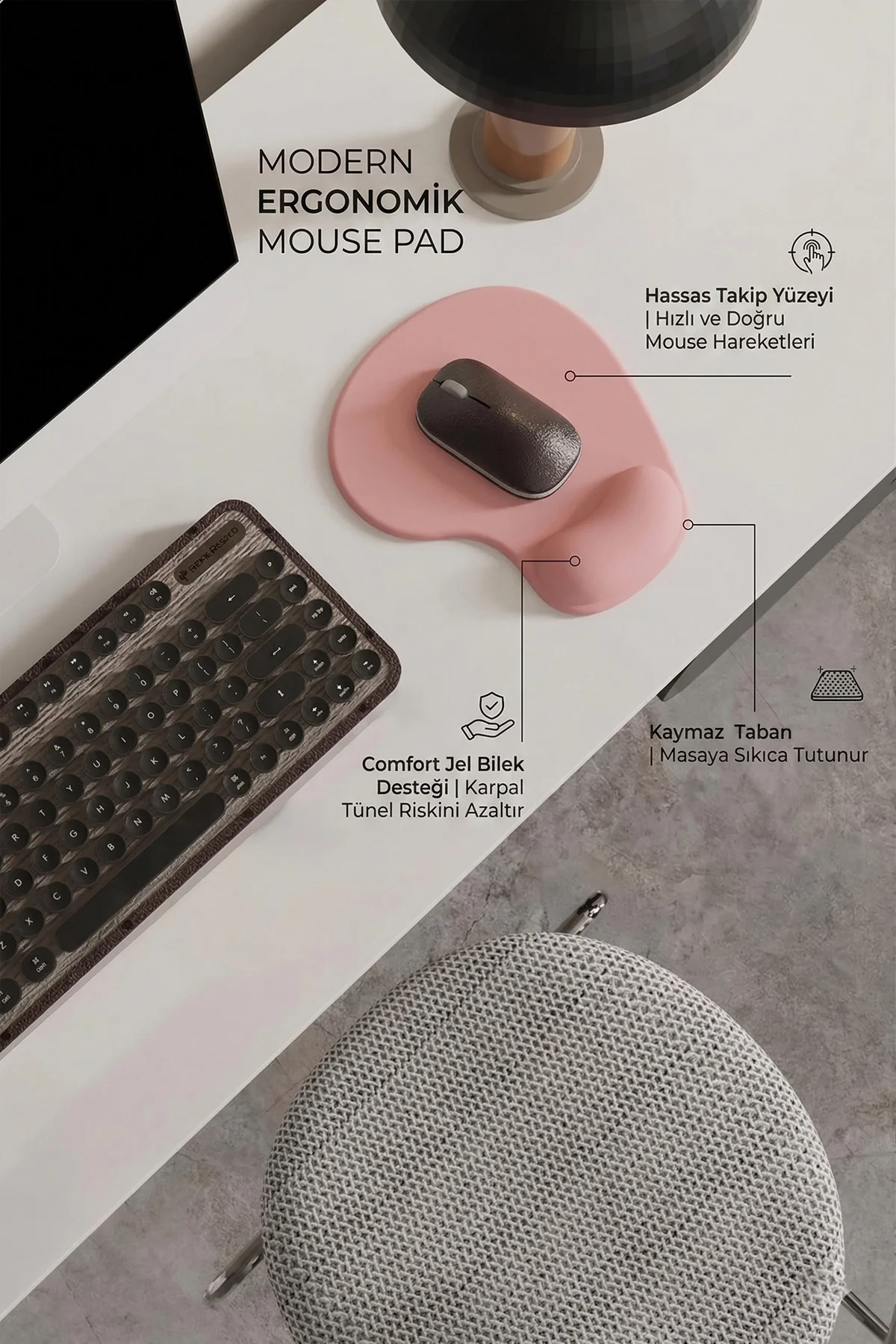 SonicTouch Bilek Destekli Pembe Damla Tipi Pürüzsüz Yüzey Dikişsiz Gamer Oyuncu Mouse Pad 20x22cm