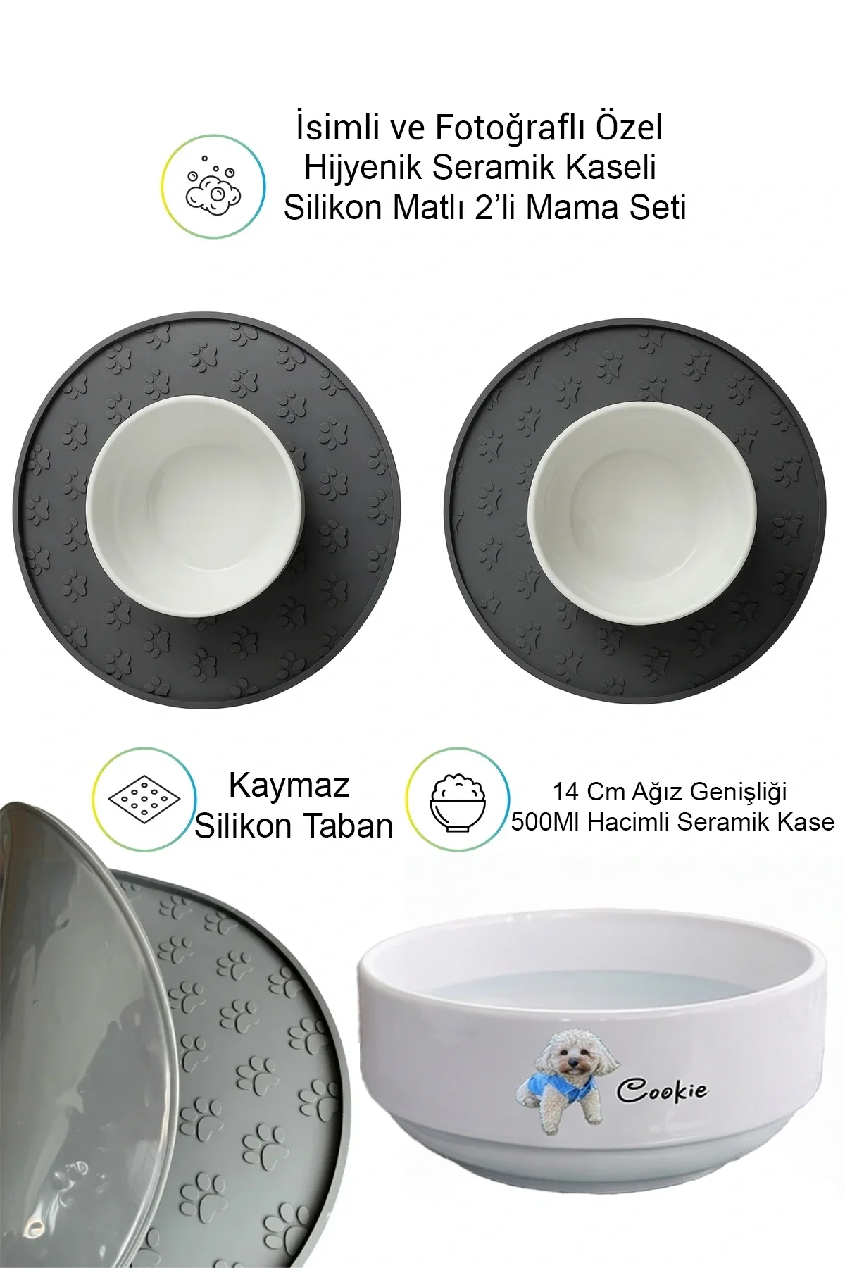 MAtGo Pati Kedi Köpek Mama Su Kabı 500Ml Hayvana Özel Fotoğraflı isimli Silikon Matlı Seramik Kase 2 Adet