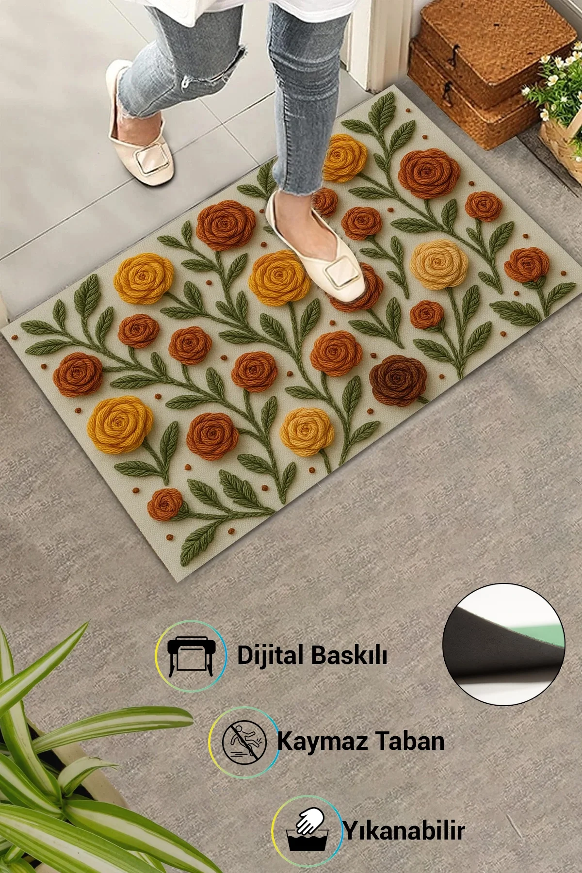 Valerine Life Sıcak İlmekler Nakışlı Güller Temalı Welcome Hoş Geldiniz Dijital Baskılı Kapı Önü Paspası 45x70cm