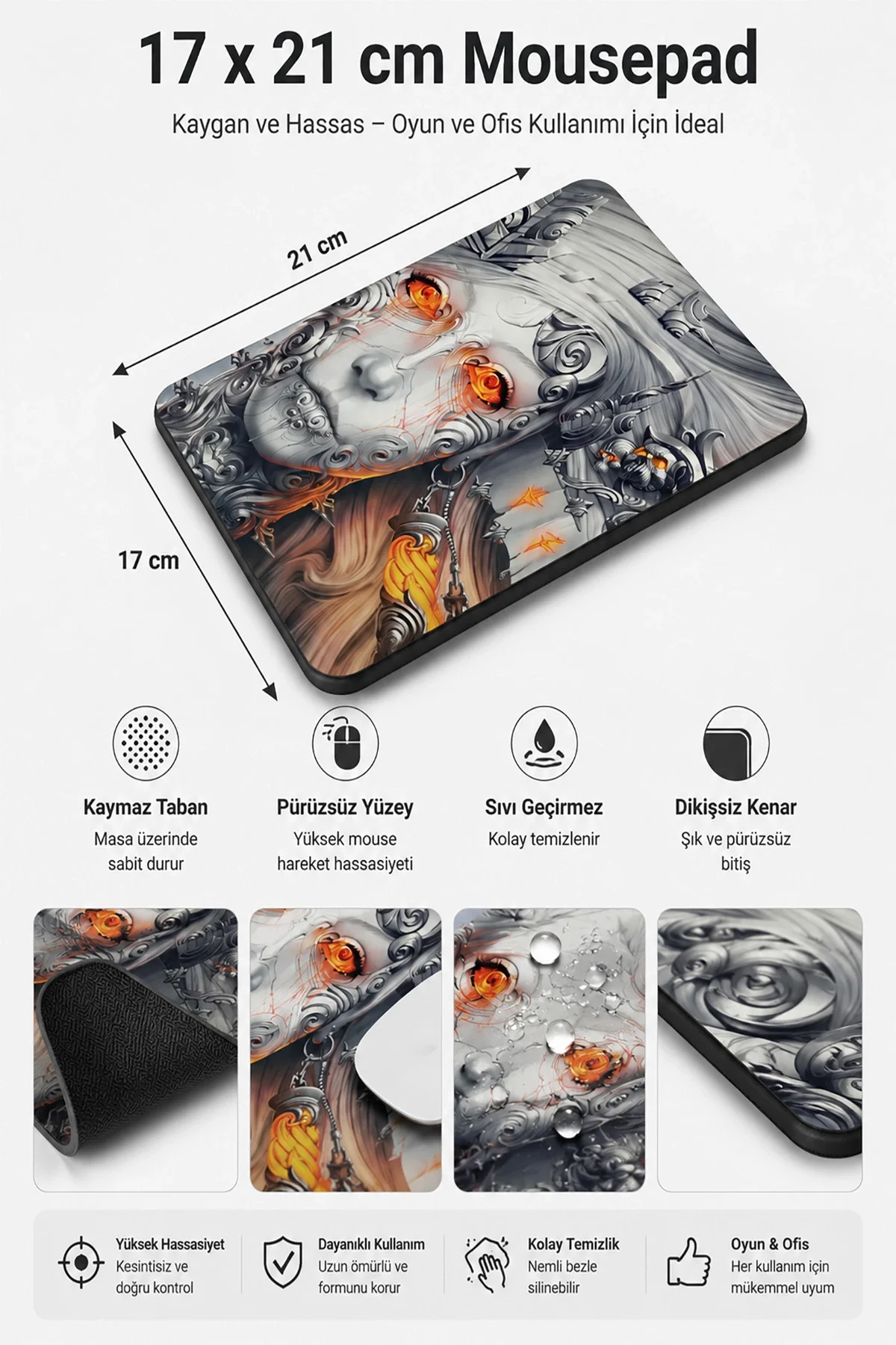 SonicTouch Valhalla Muhafızı Gri Kaymaz Taban Pürüzsüz Yüzey Dikişsiz Kenar Gamer Mouse Pad 17x21cm