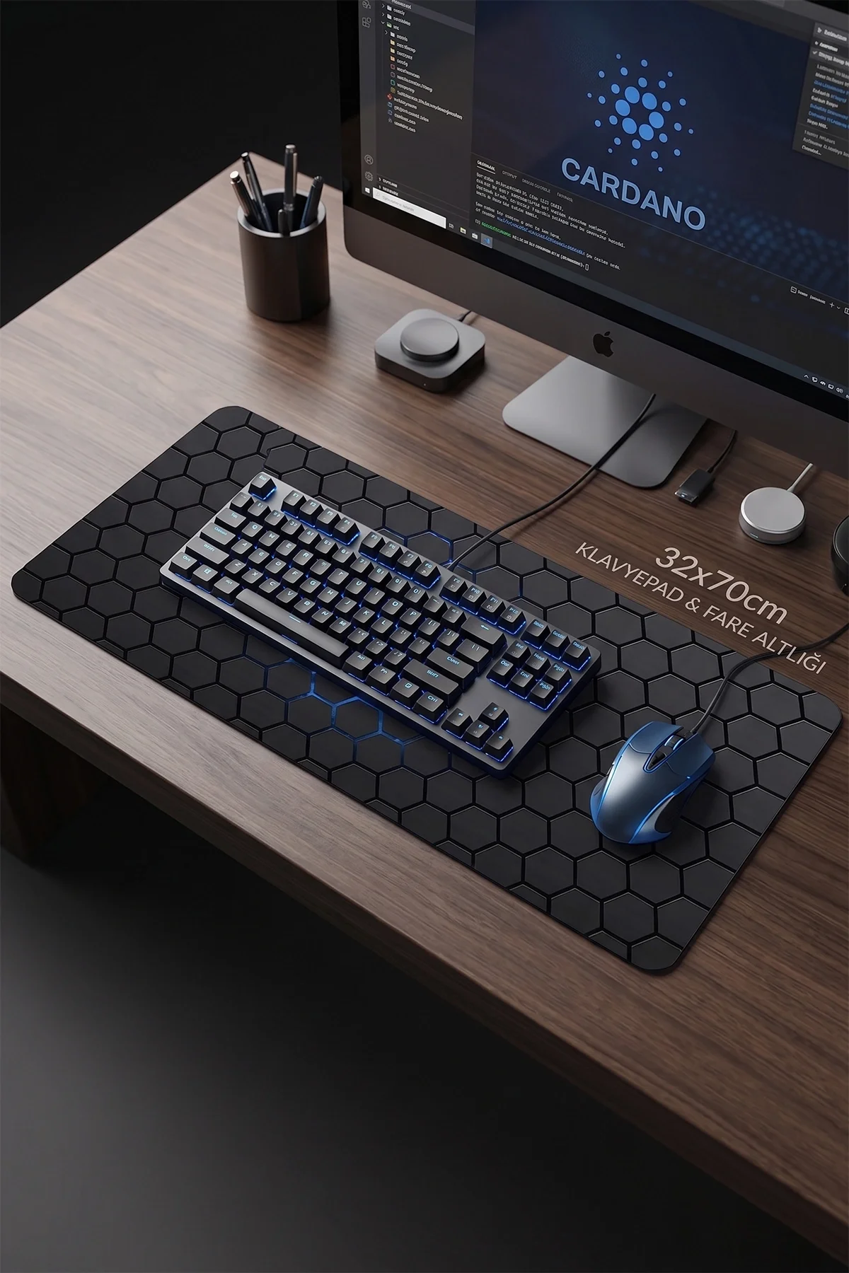 SonicTouch Neon Hex Mavi Siyah Kaymaz Taban Pürüzsüz Yüzey Dikişsiz Gamer Klavye Mouse Pad 32x70cm