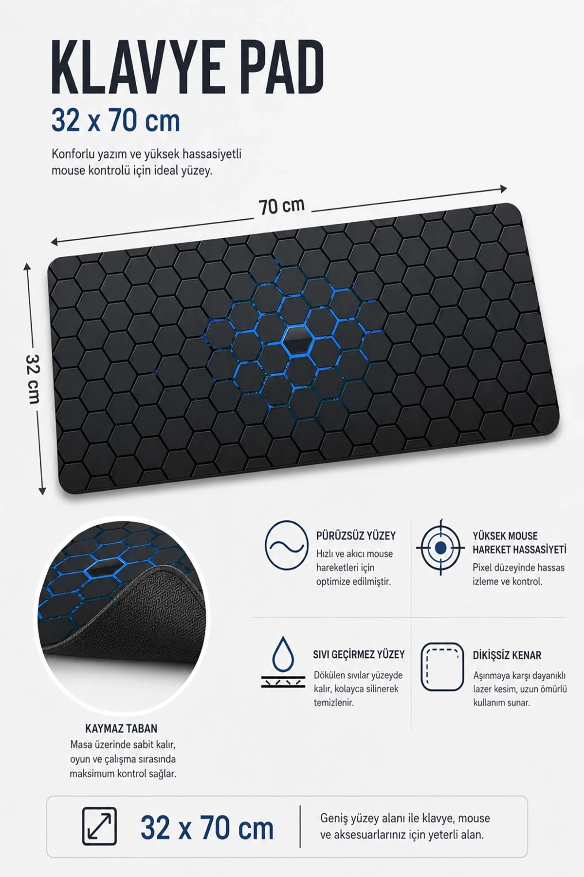 SonicTouch Neon Hex Mavi Siyah Kaymaz Taban Pürüzsüz Yüzey Dikişsiz Gamer Klavye Mouse Pad 32x70cm