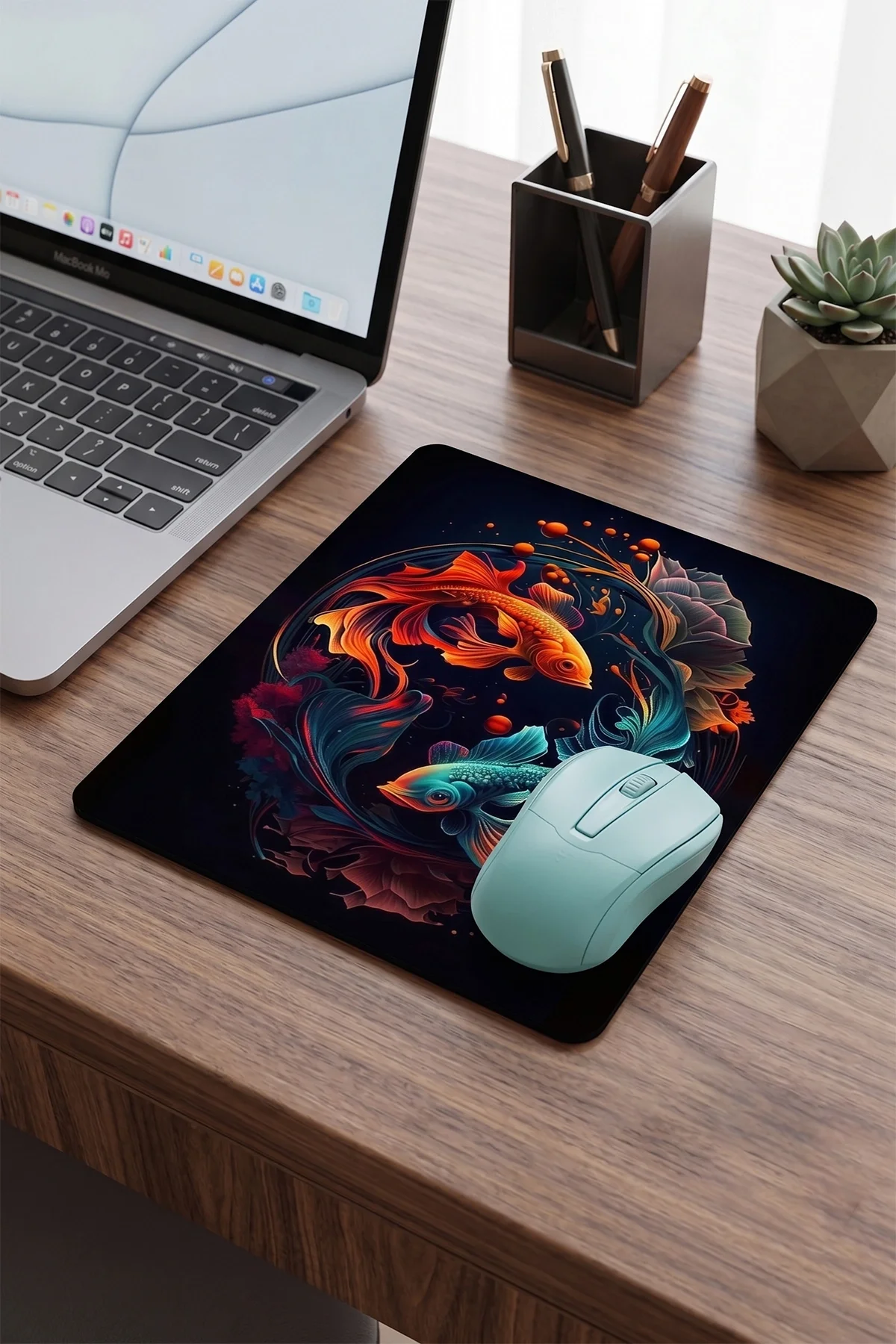 SonicTouch Ying Yang Temalı Mavi Turuncu Koi Balığı Kaymaz Dikişsiz Pürüzsüz Gamer Mouse Pad17x21cm