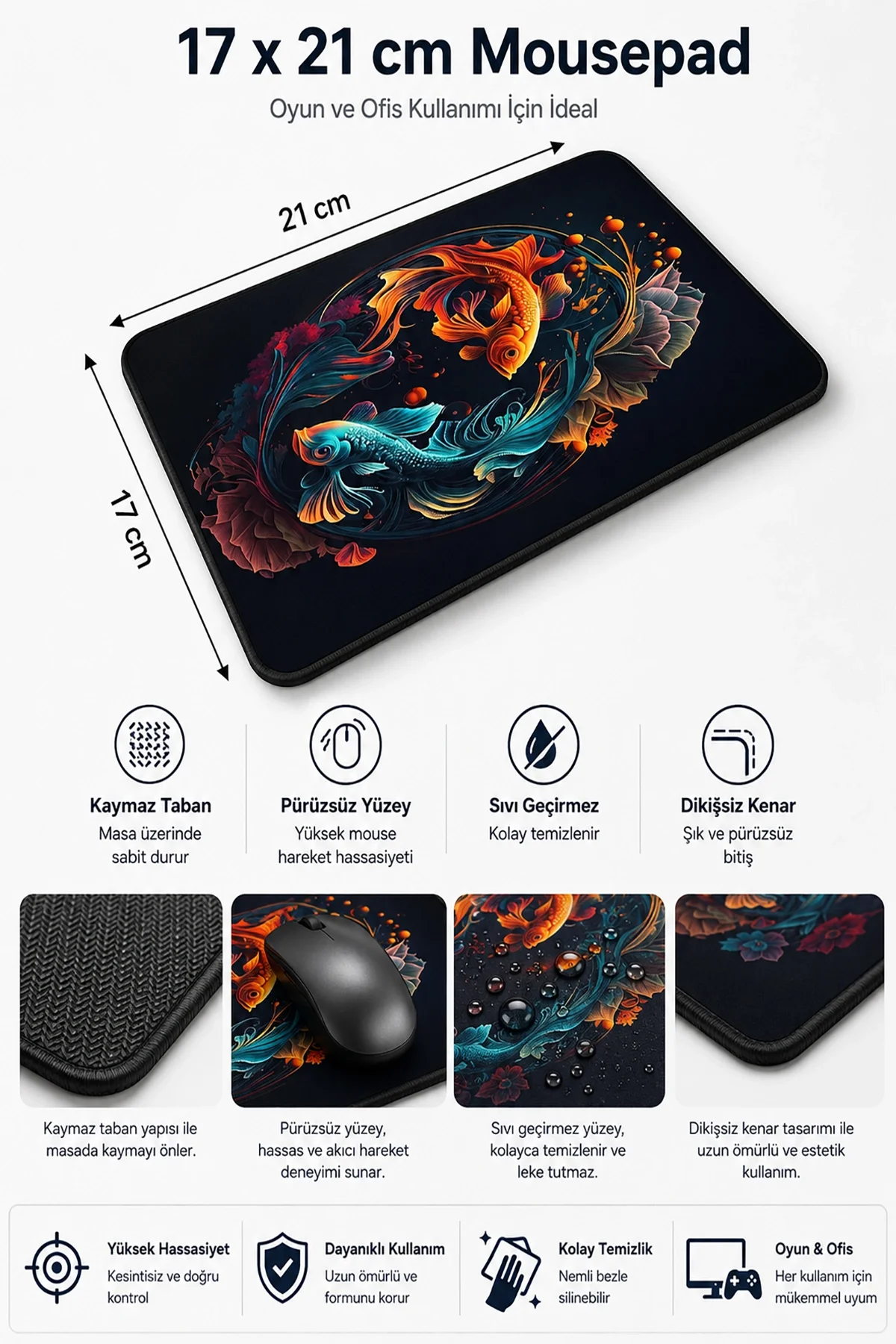 SonicTouch Ying Yang Temalı Mavi Turuncu Koi Balığı Kaymaz Dikişsiz Pürüzsüz Gamer Mouse Pad17x21cm