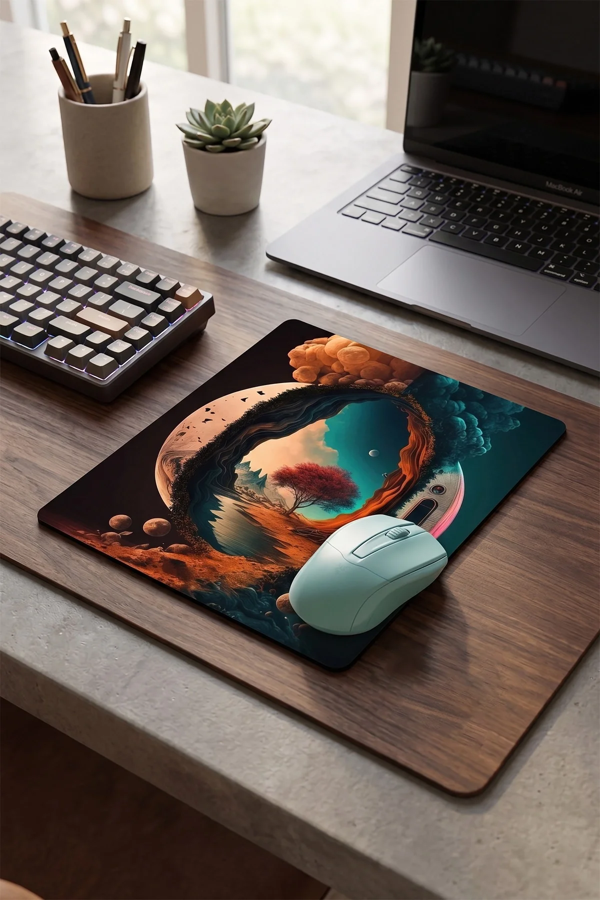 SonicTouch Kozmik Ay Manzarası Mavi Turuncu Kaymaz Dikişsiz Pürüzsüz Gamer Mouse Pad17x21cm