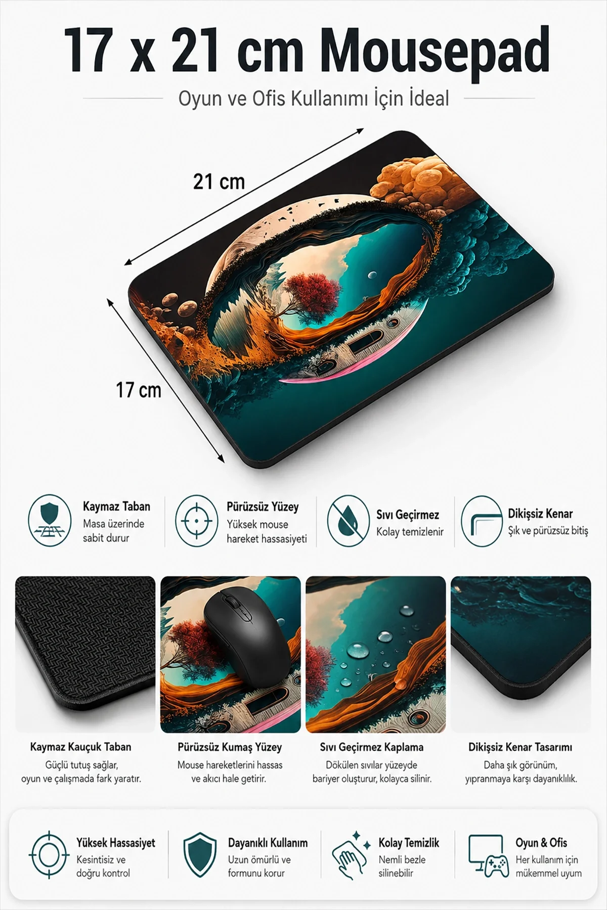 SonicTouch Kozmik Ay Manzarası Mavi Turuncu Kaymaz Dikişsiz Pürüzsüz Gamer Mouse Pad17x21cm