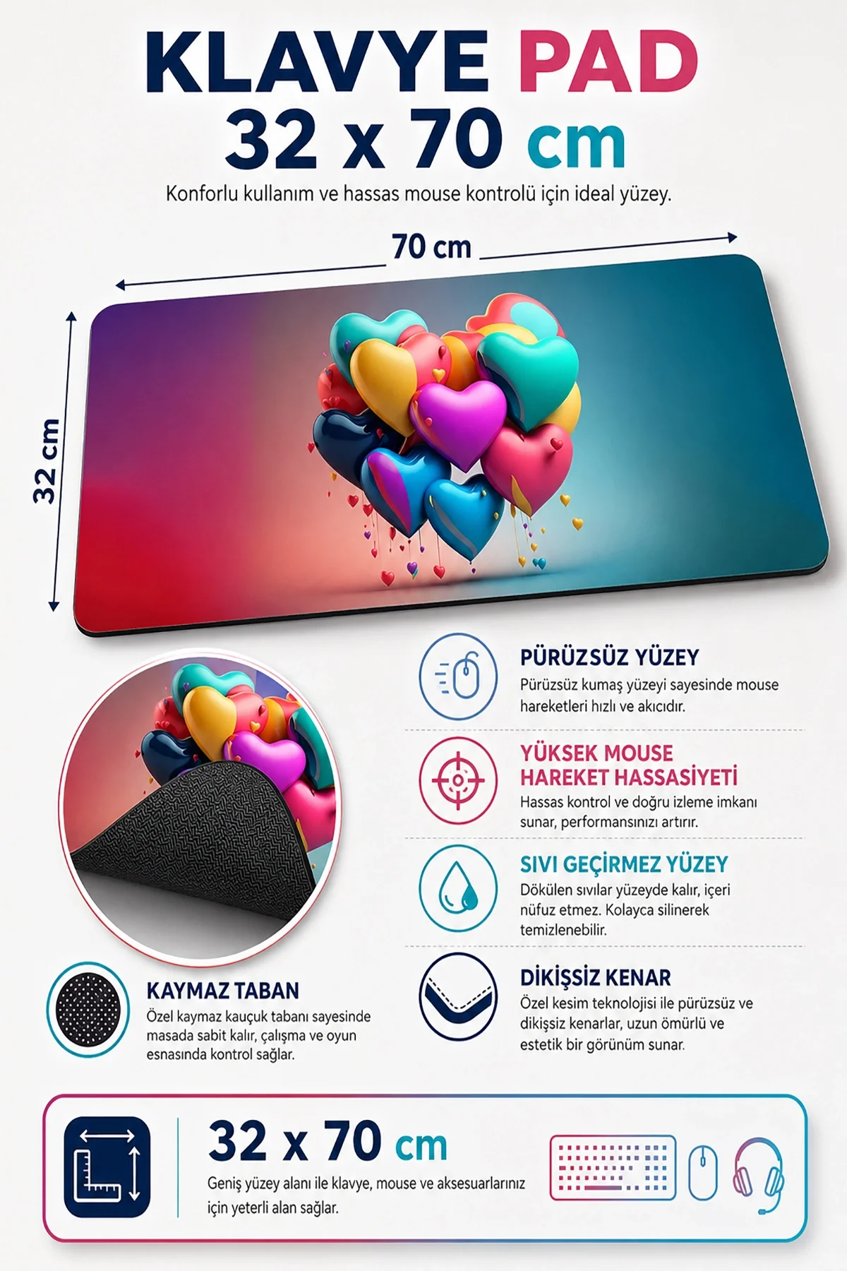 SonicTouch Kalp Çiçeği Kaymaz Taban Dikişsiz Kenar Pürüzsüz Yüzey Gamer Klavye Mousepad 32x70cm