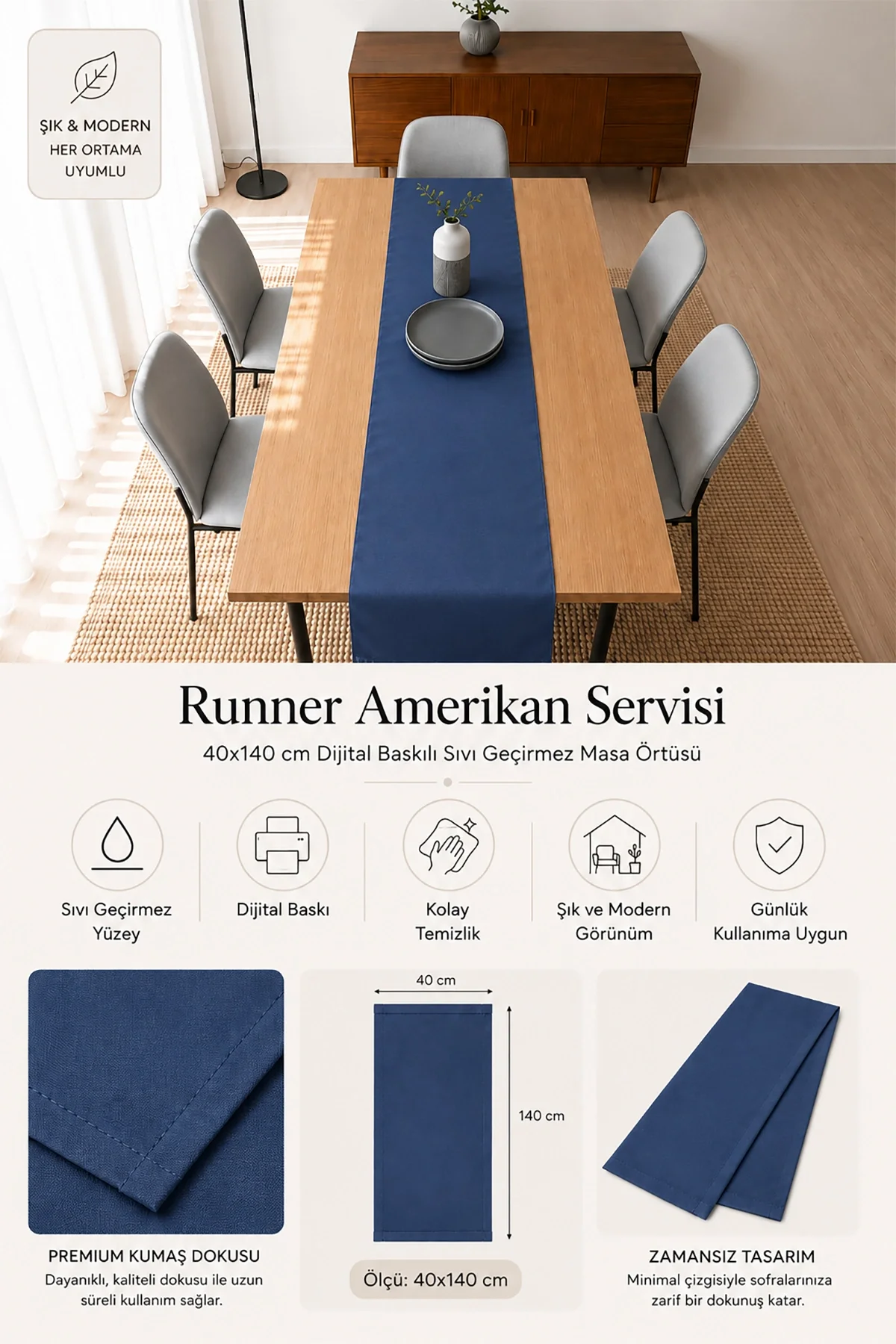 Valerine Life Runner Amerikan Servisi 40x140cm Dijital Baskılı Sıvı Geçirmez Masa Konsol Örtüsü