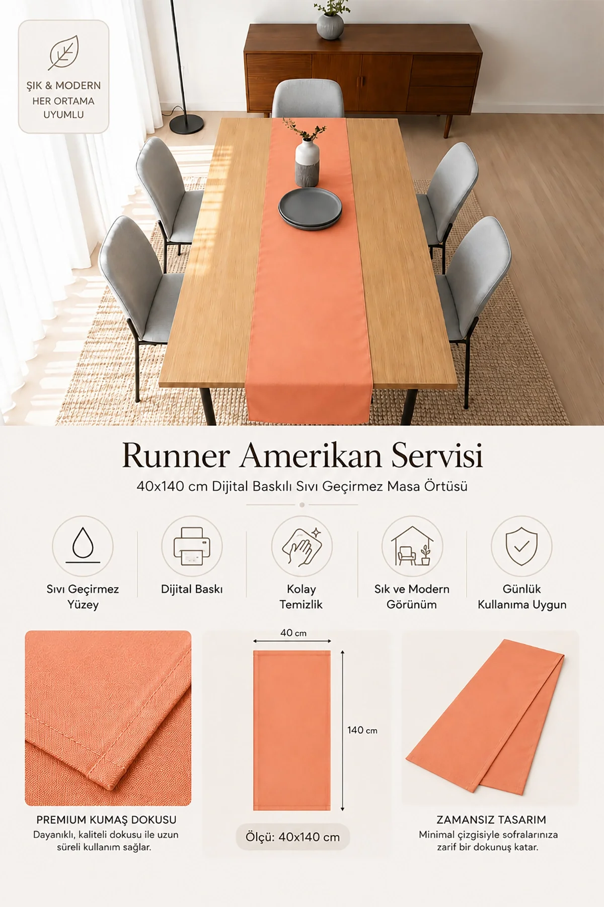 Valerine Life Runner Amerikan Servisi 40x140cm Dijital Baskılı Sıvı Geçirmez Masa Konsol Örtüsü