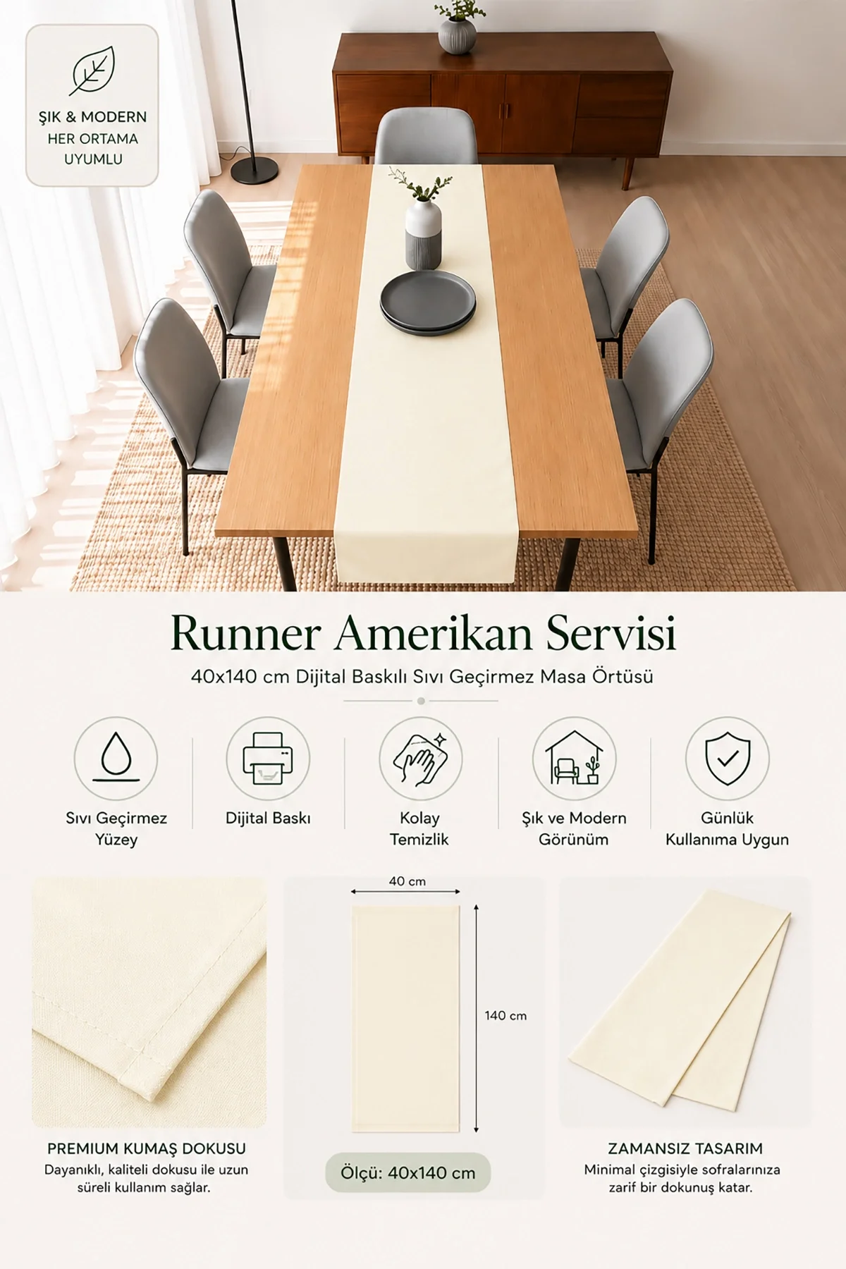 Valerine Life Runner Amerikan Servisi 40x140cm Dijital Baskılı Sıvı Geçirmez Masa Konsol Örtüsü