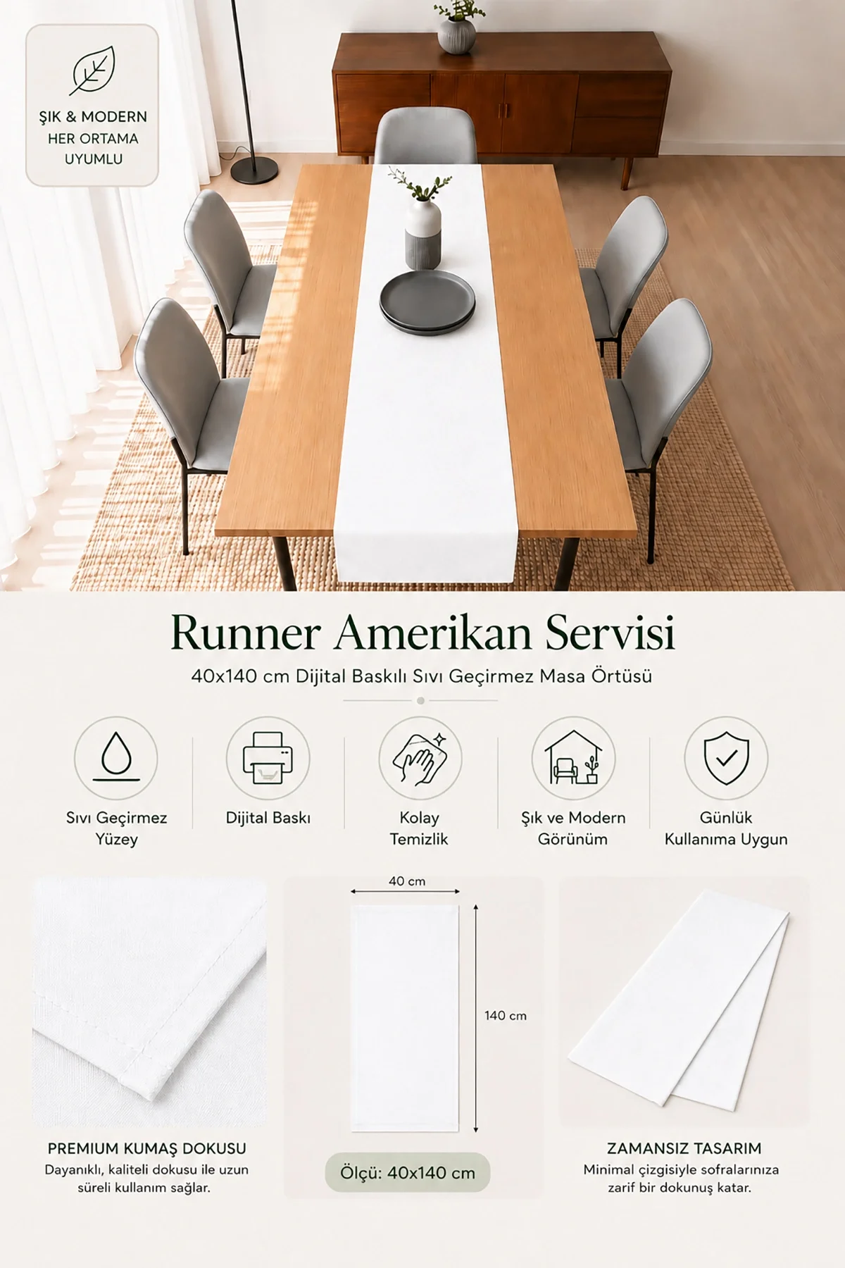 Valerine Life Runner Amerikan Servisi 40x140cm Dijital Baskılı Sıvı Geçirmez Masa Konsol Örtüsü