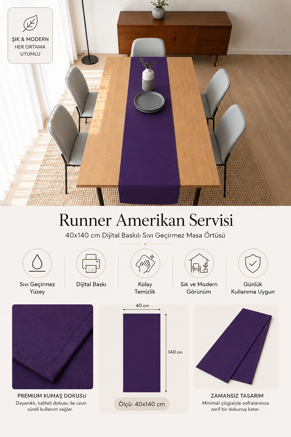 Valerine Life Runner Amerikan Servisi 40x140cm Dijital Baskılı Sıvı Geçirmez Masa Konsol Örtüsü