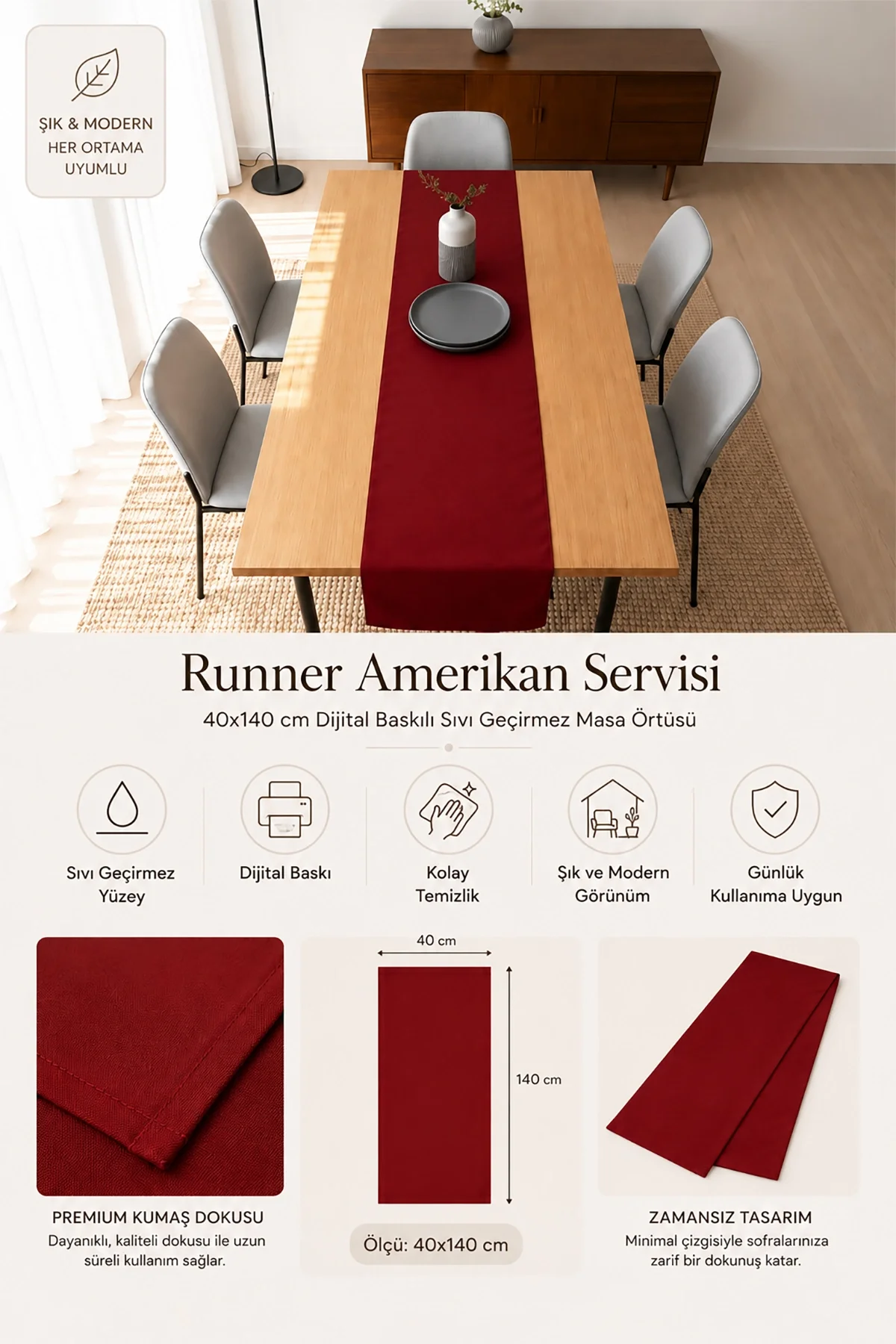 Valerine Life Runner Amerikan Servisi 40x140cm Dijital Baskılı Sıvı Geçirmez Masa Konsol Örtüsü