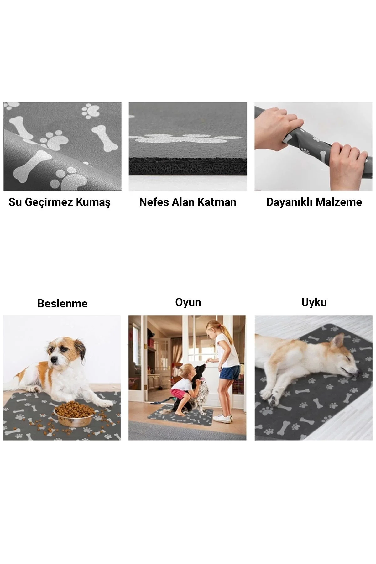 MAtGo Pati Evcil Hayvan Beslenme Matı Pati ve Kemikli Kaymaz Gri Kedi Köpek Mama Paspası 50x70cm