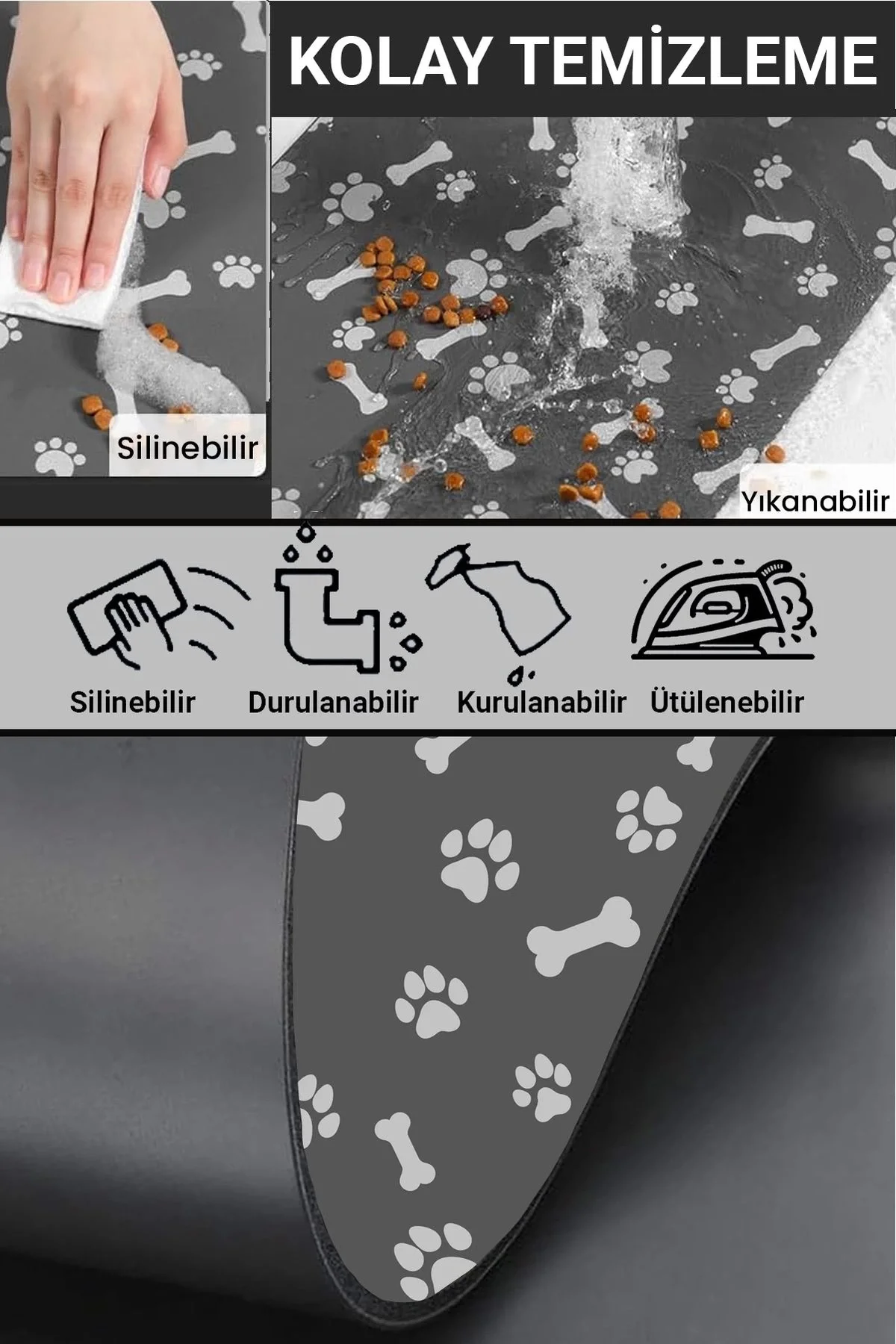 MAtGo Pati Evcil Hayvan Beslenme Matı Pati ve Kemikli Kaymaz Gri Kedi Köpek Mama Paspası 50x70cm