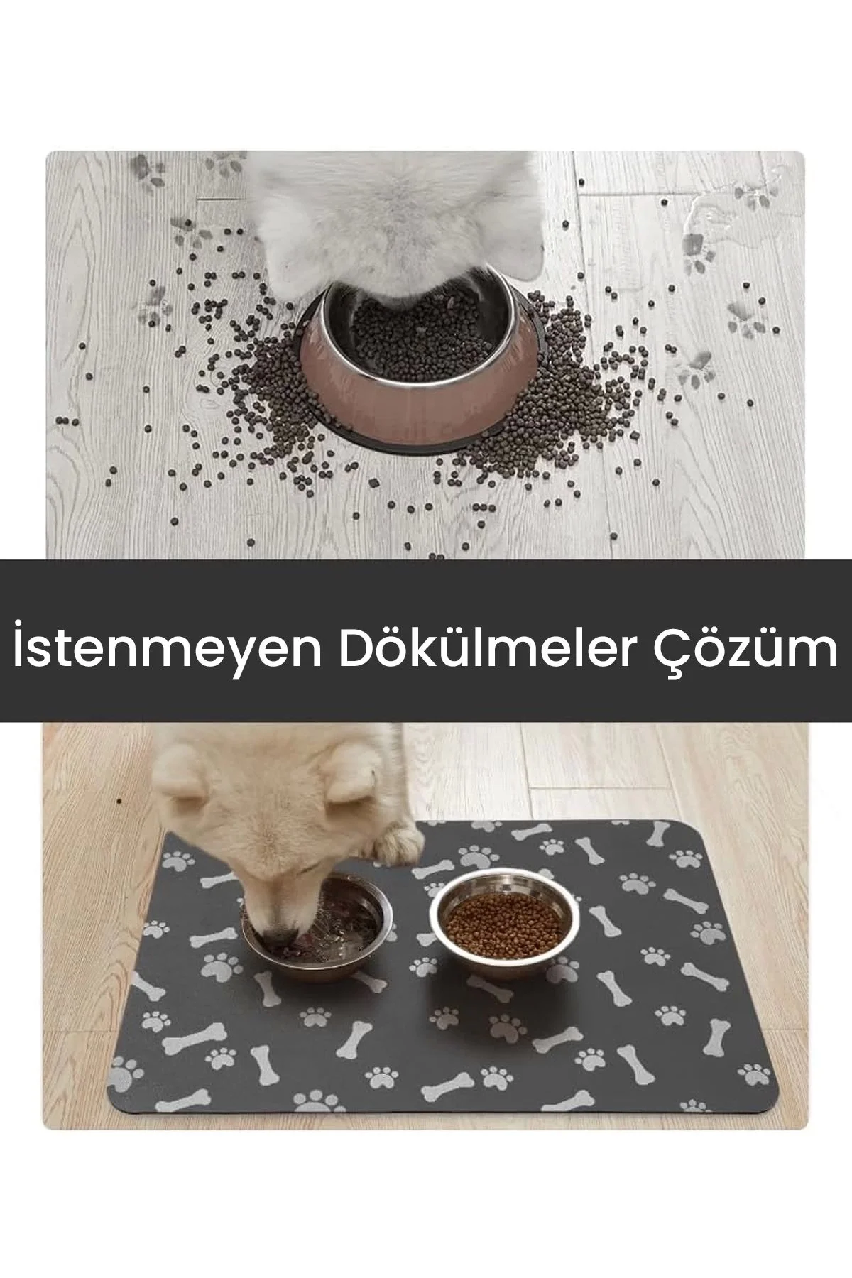 MAtGo Pati Evcil Hayvan Beslenme Matı Pati ve Kemikli Kaymaz Gri Kedi Köpek Mama Paspası 50x70cm