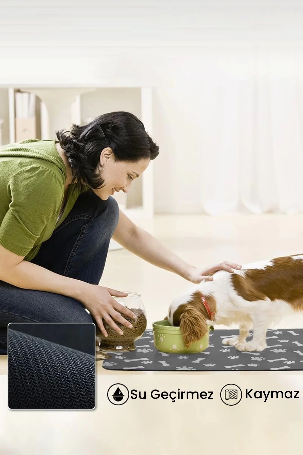 MAtGo Pati Evcil Hayvan Beslenme Matı Pati ve Kemikli Kaymaz Gri Kedi Köpek Mama Paspası 50x70cm