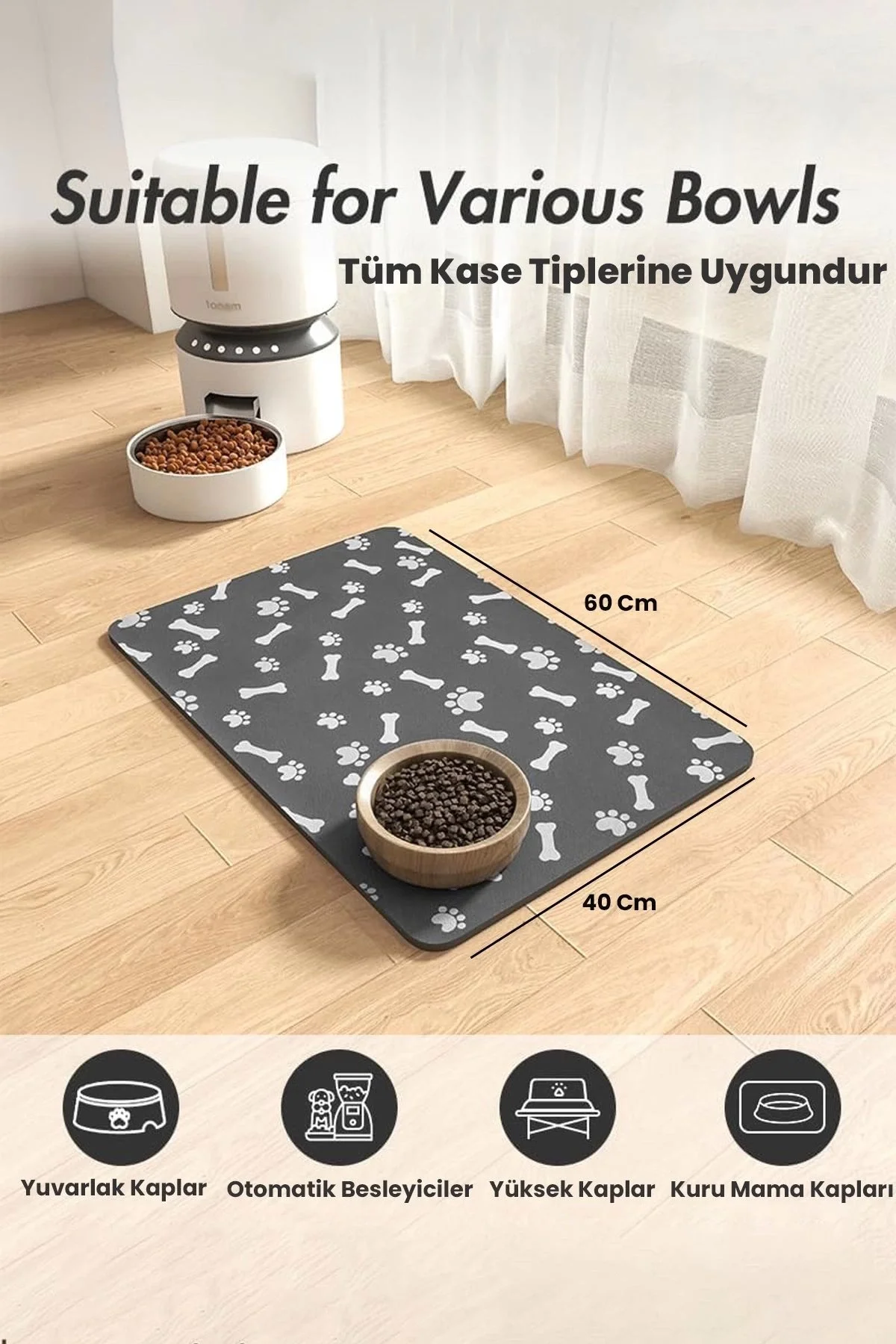 MAtGo Pati Evcil Hayvan Beslenme Matı Pati ve Kemikli Kaymaz Gri Kedi Köpek Mama Paspası 50x70cm