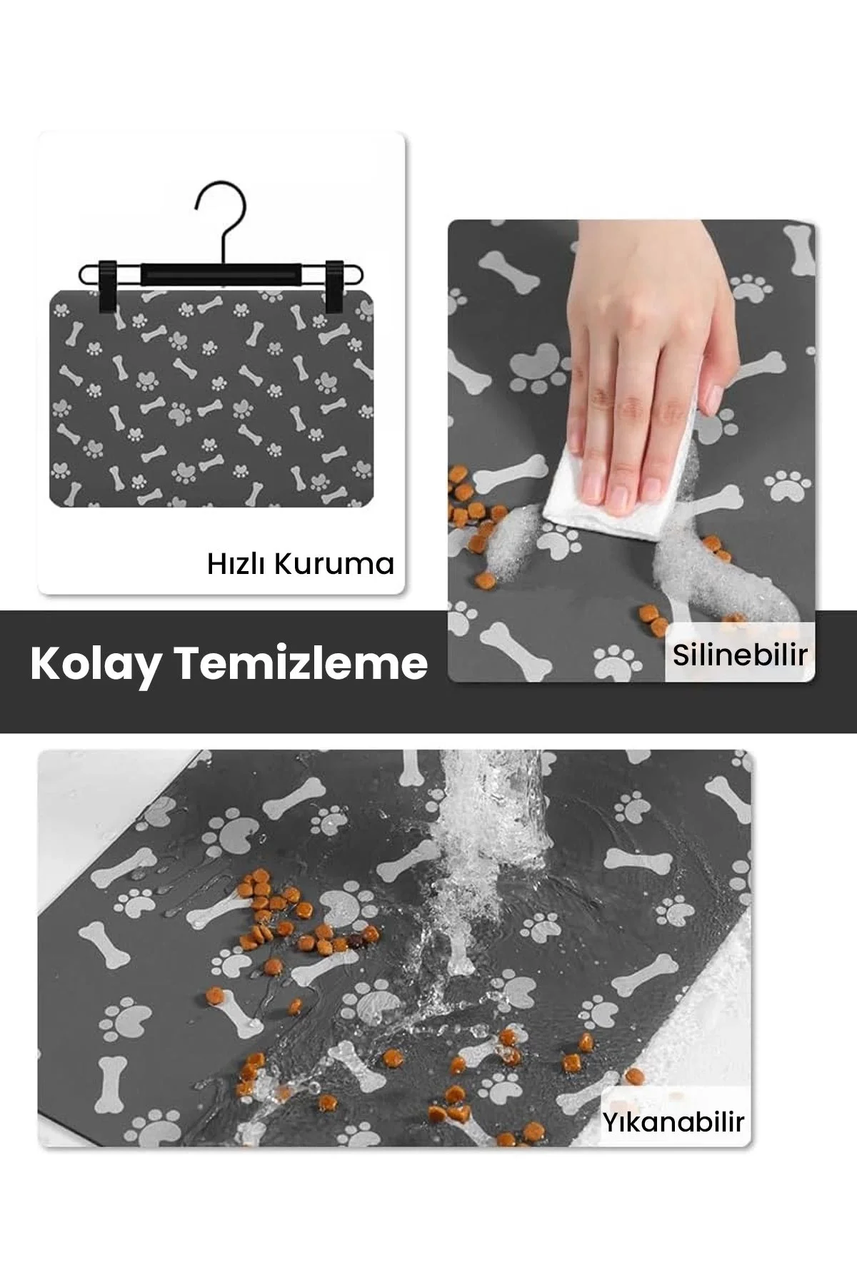 MAtGo Pati Evcil Hayvan Beslenme Matı Pati ve Kemikli Kaymaz Gri Kedi Köpek Mama Paspası 50x70cm