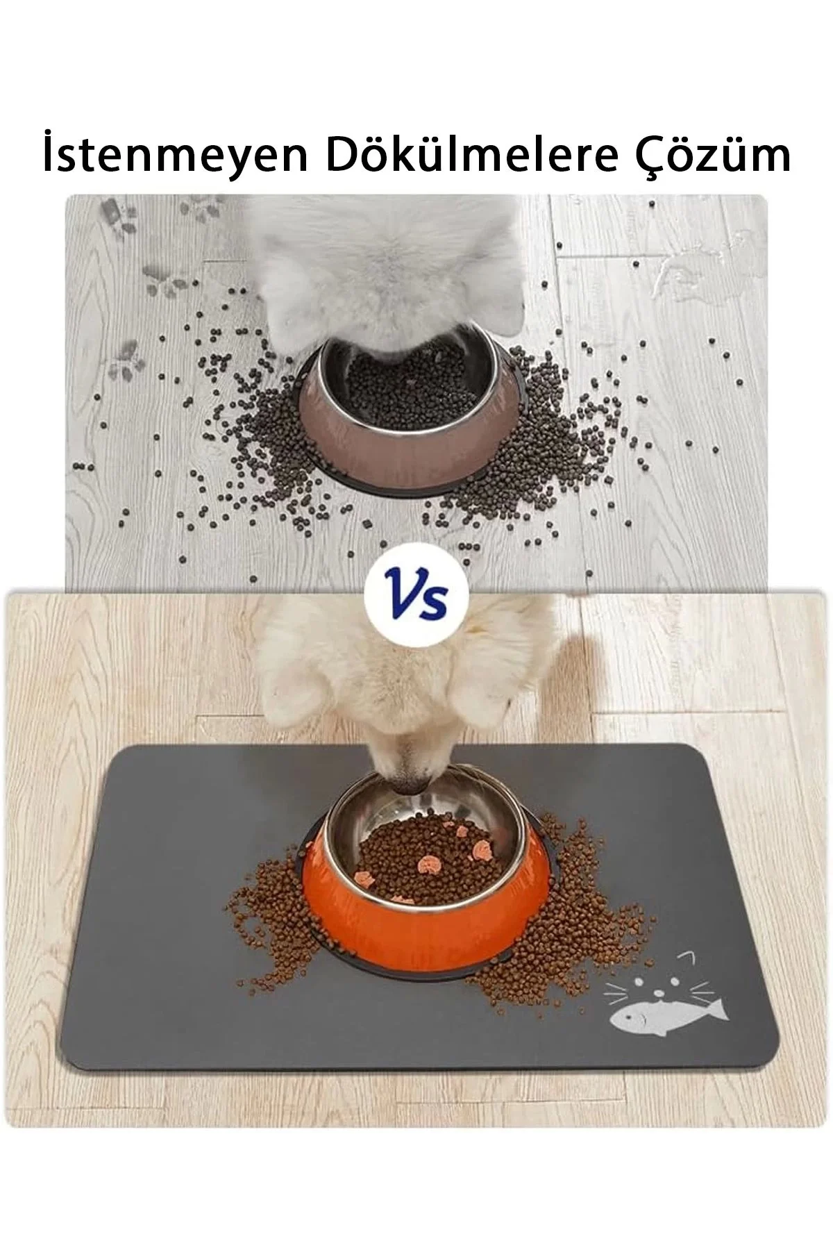 MAtGo Pati Evcil Hayvan Beslenme Matı Balık Figürlü Su Geçirmez Kaymaz Gri Kedi Köpek Mama Paspası 50x70cm