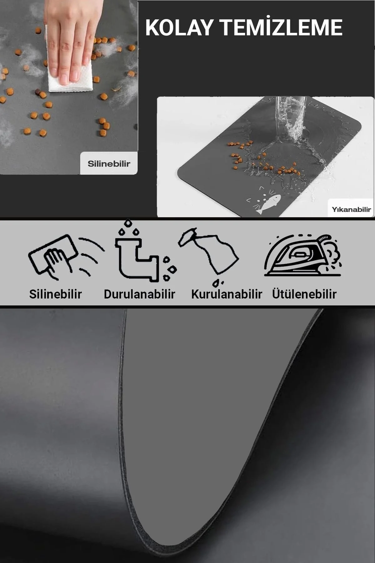 MAtGo Pati Evcil Hayvan Beslenme Matı Balık Figürlü Su Geçirmez Kaymaz Gri Kedi Köpek Mama Paspası 50x70cm