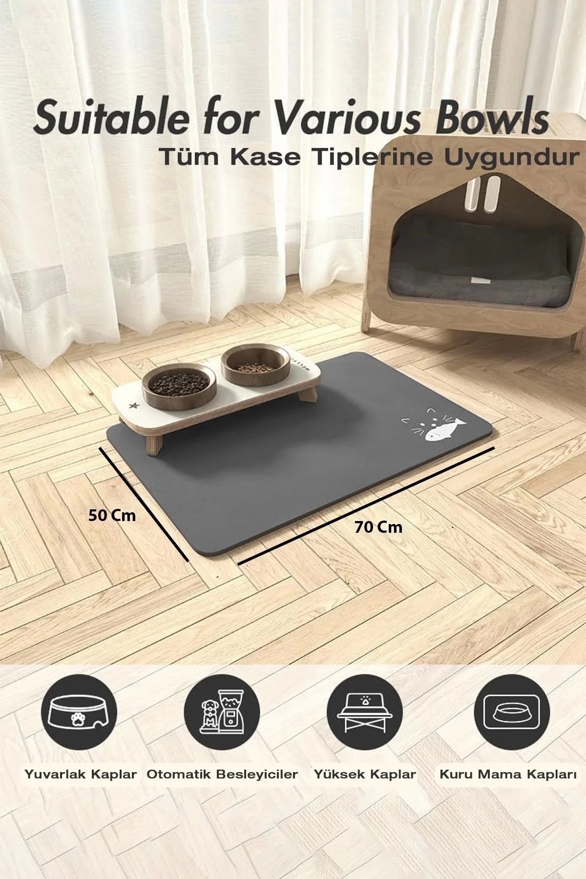 MAtGo Pati Evcil Hayvan Beslenme Matı Balık Figürlü Su Geçirmez Kaymaz Gri Kedi Köpek Mama Paspası 50x70cm