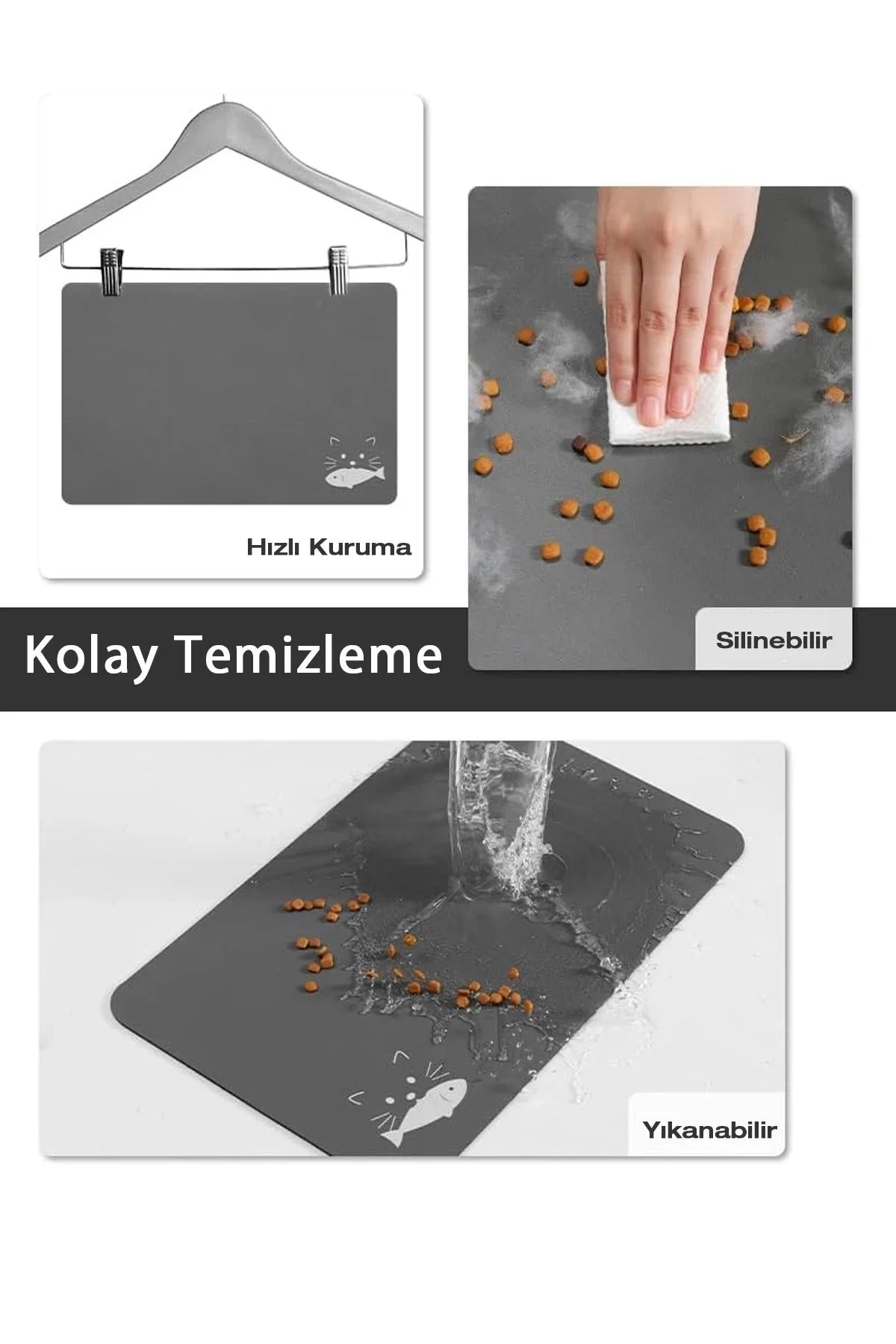 MAtGo Pati Evcil Hayvan Beslenme Matı Balık Figürlü Su Geçirmez Kaymaz Gri Kedi Köpek Mama Paspası 50x70cm