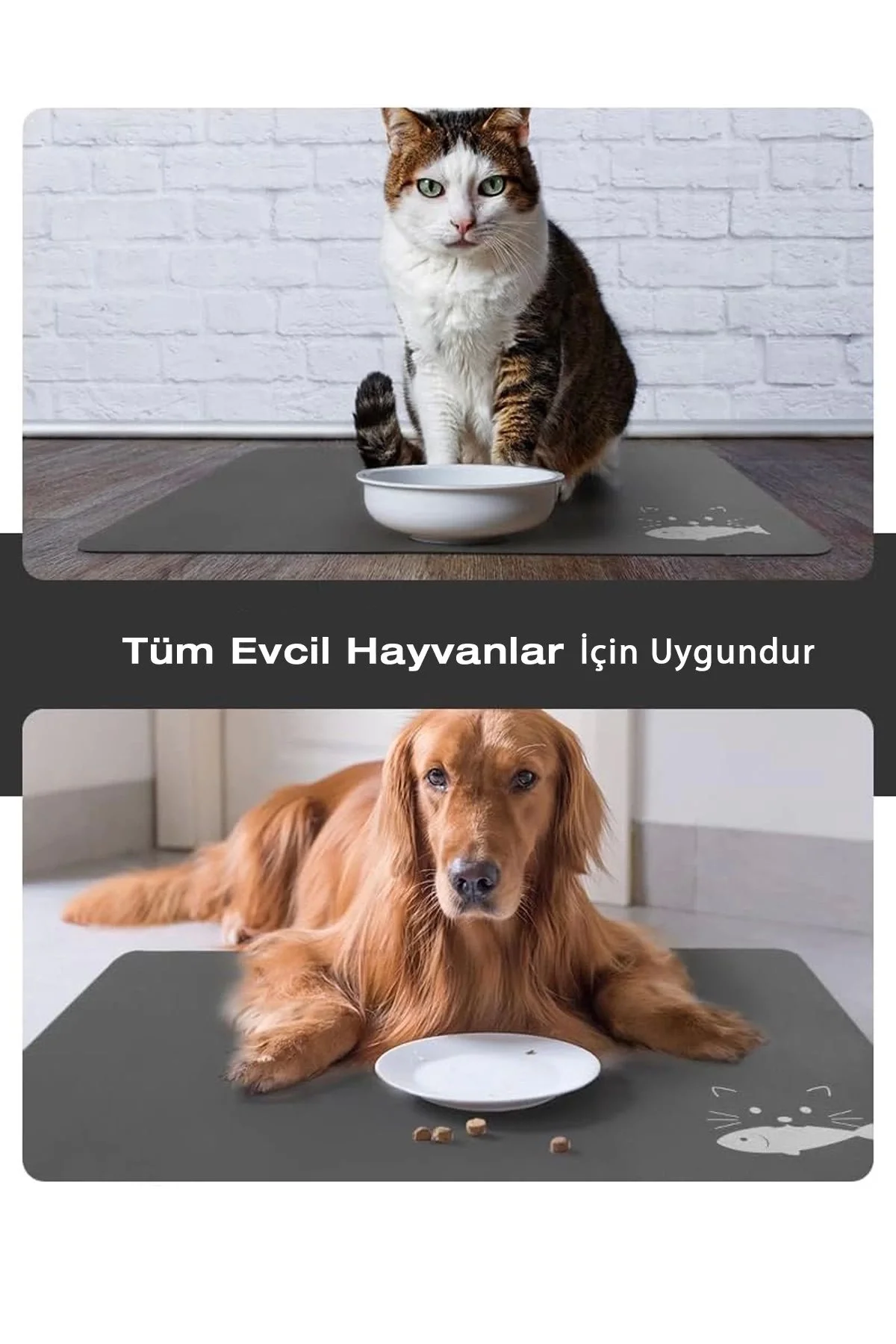 MAtGo Pati Evcil Hayvan Beslenme Matı Balık Figürlü Su Geçirmez Kaymaz Gri Kedi Köpek Mama Paspası 50x70cm