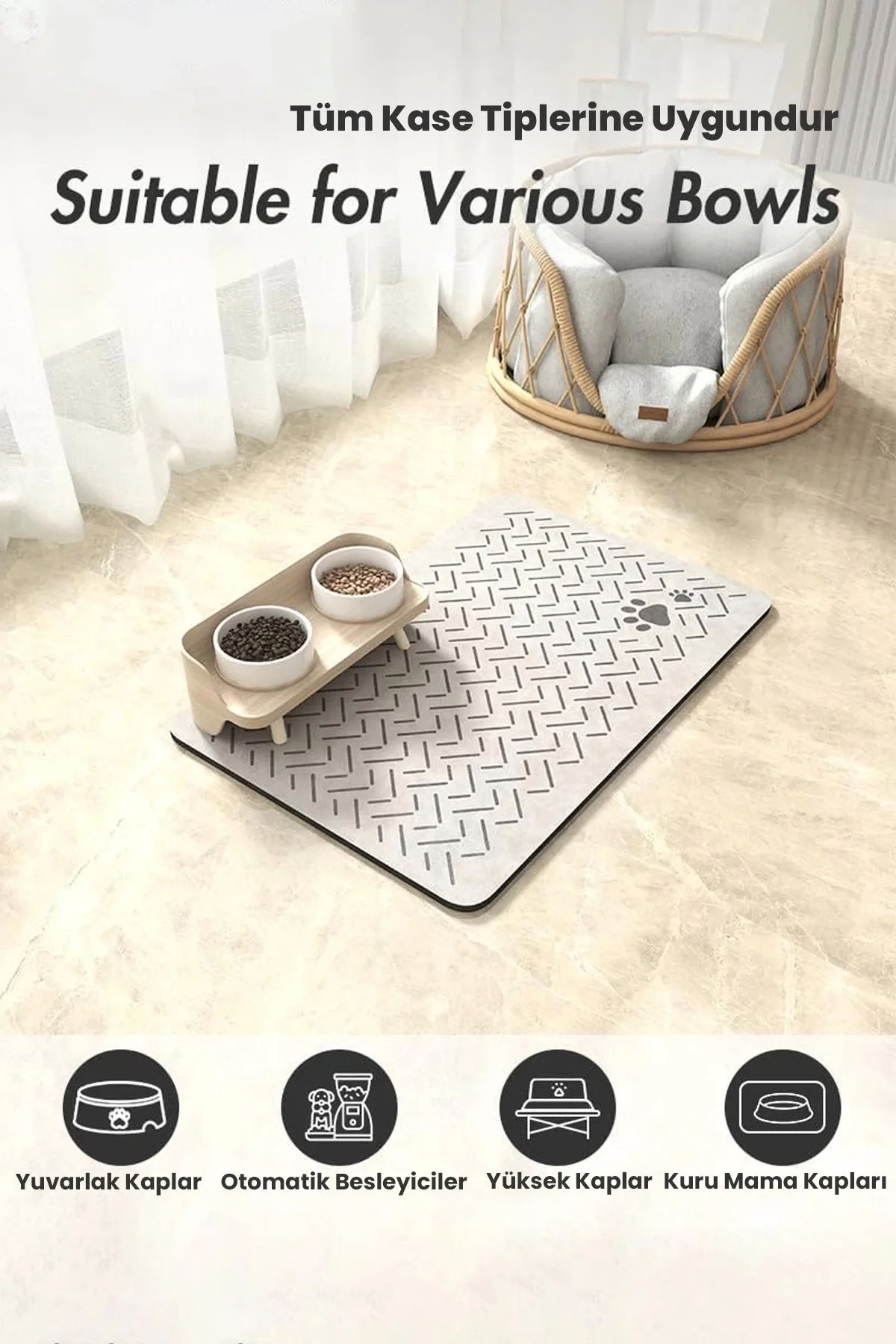 MAtGo Pati Evcil Hayvan Beslenme Matı Çizgi Patili Su Geçirmez Kaymaz Krem Kedi Köpek Mama Paspası 50x70cm