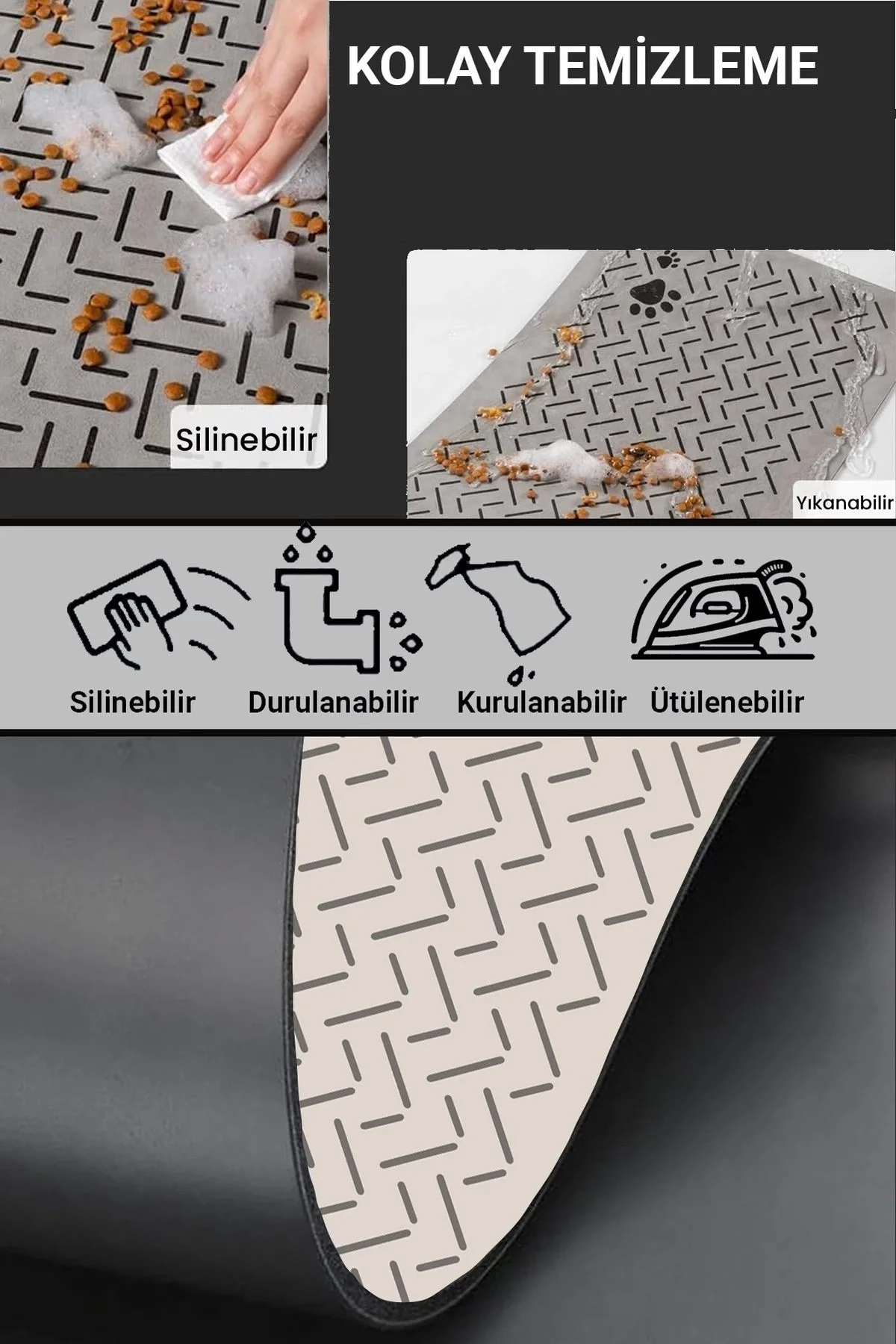 MAtGo Pati Evcil Hayvan Beslenme Matı Çizgi Patili Su Geçirmez Kaymaz Krem Kedi Köpek Mama Paspası 50x70cm