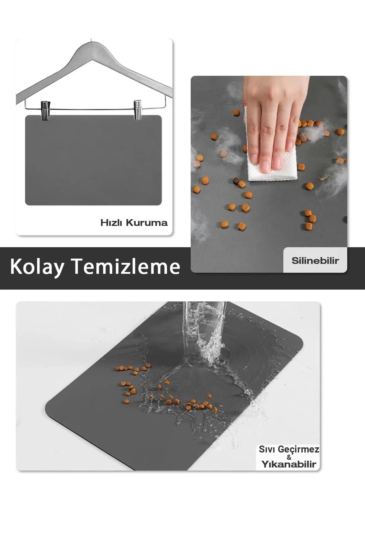 MAtGo Pati Evcil Hayvan Beslenme Matı Kaymaz Su Geçirmez Siyah Suni Deri Kedi Köpek Mama Paspası 50x70cm