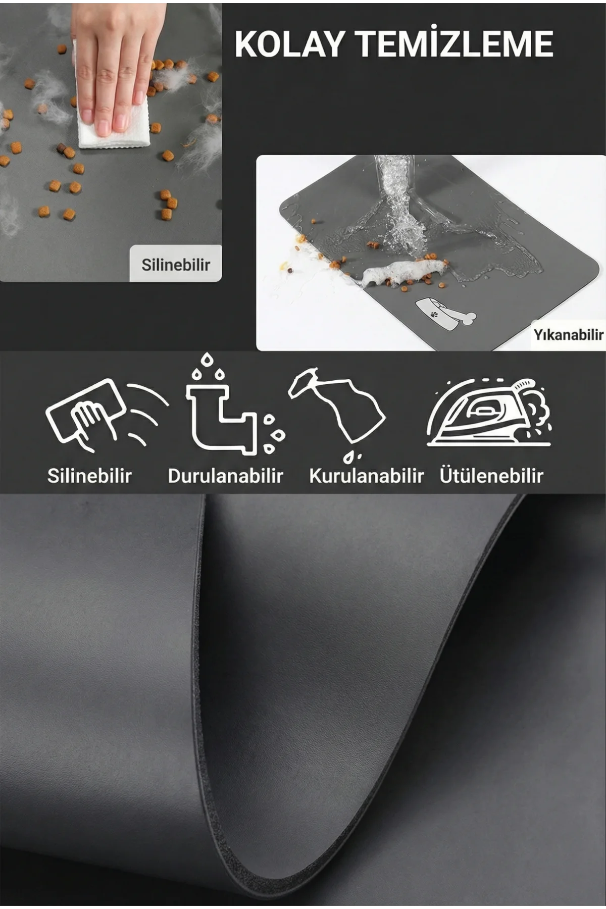 MAtGo Pati Evcil Hayvan Beslenme Matı Kemik Figürlü Su Geçirmez Kaymaz Gri Kedi Köpek Mama Paspası 50x70cm