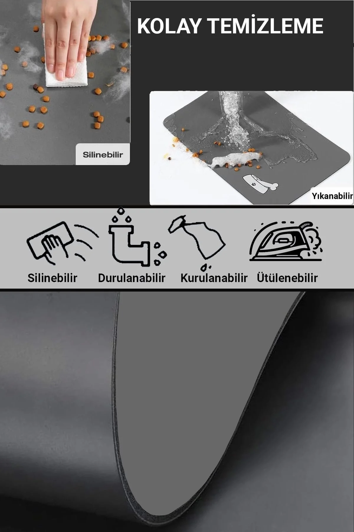 MAtGo Pati Evcil Hayvan Beslenme Matı Kemik Figürlü Su Geçirmez Kaymaz Gri Kedi Köpek Mama Paspası 50x70cm