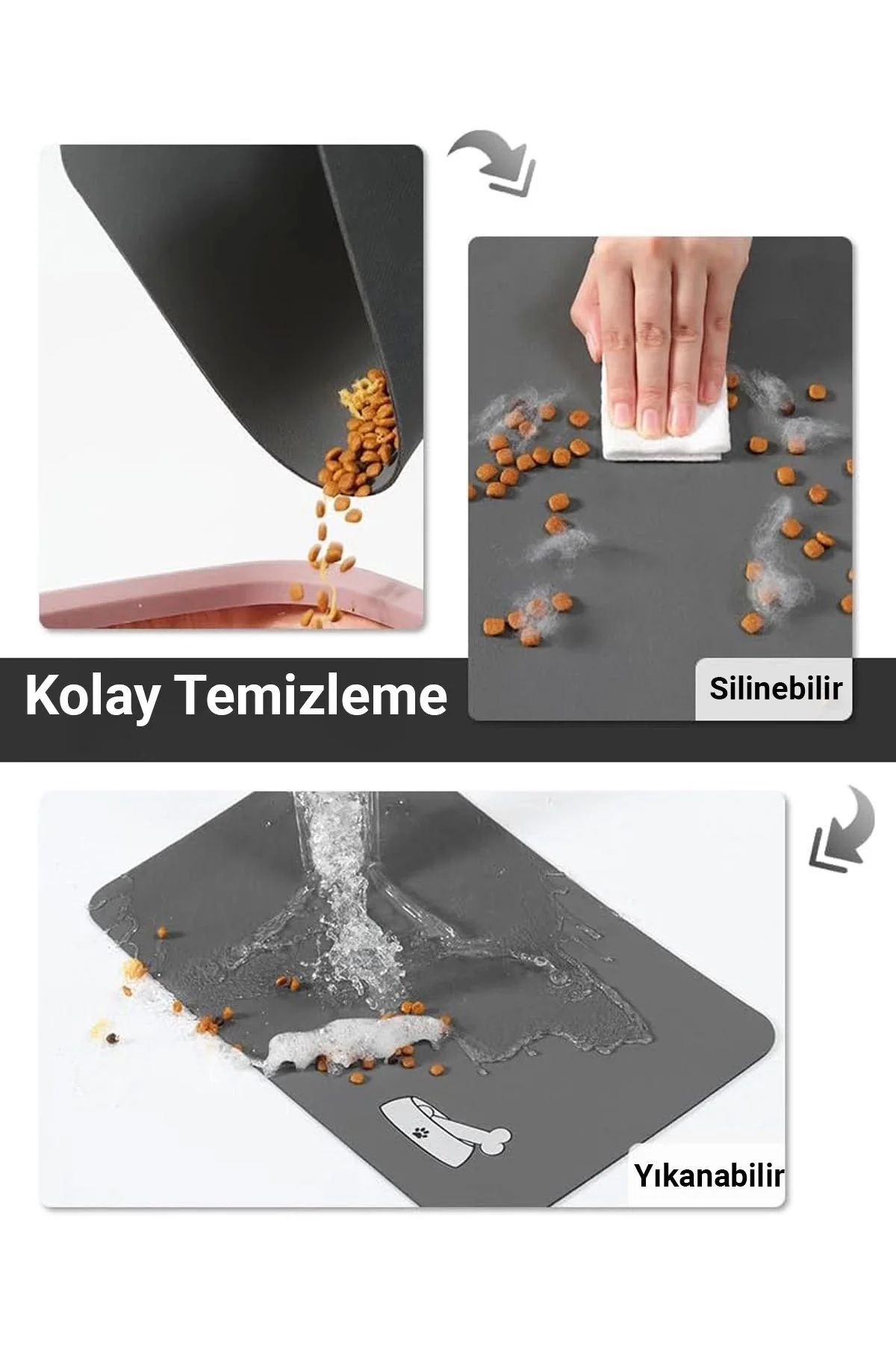 MAtGo Pati Evcil Hayvan Beslenme Matı Kemik Figürlü Su Geçirmez Kaymaz Gri Kedi Köpek Mama Paspası 50x70cm