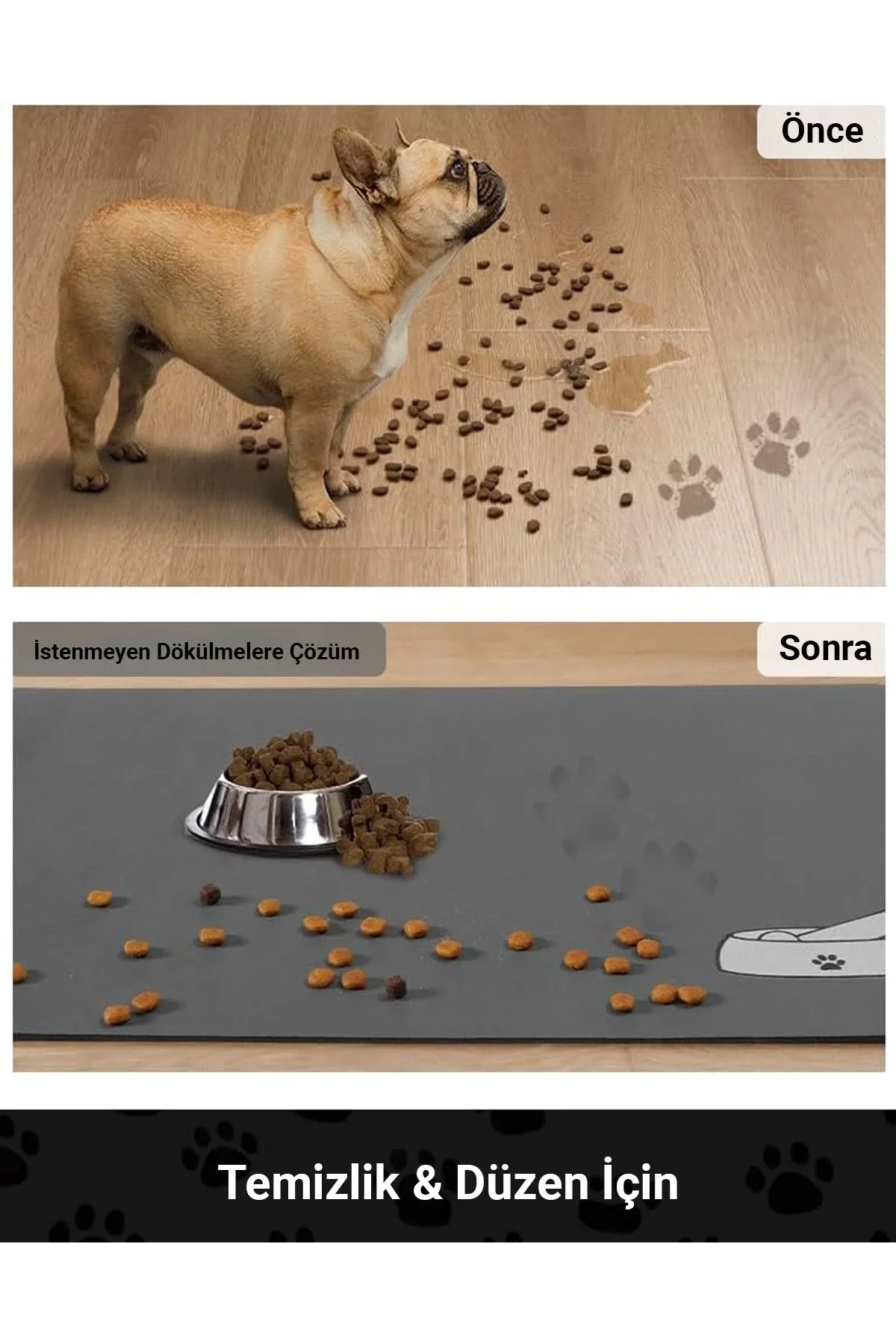 MAtGo Pati Evcil Hayvan Beslenme Matı Kemik Figürlü Su Geçirmez Kaymaz Gri Kedi Köpek Mama Paspası 50x70cm