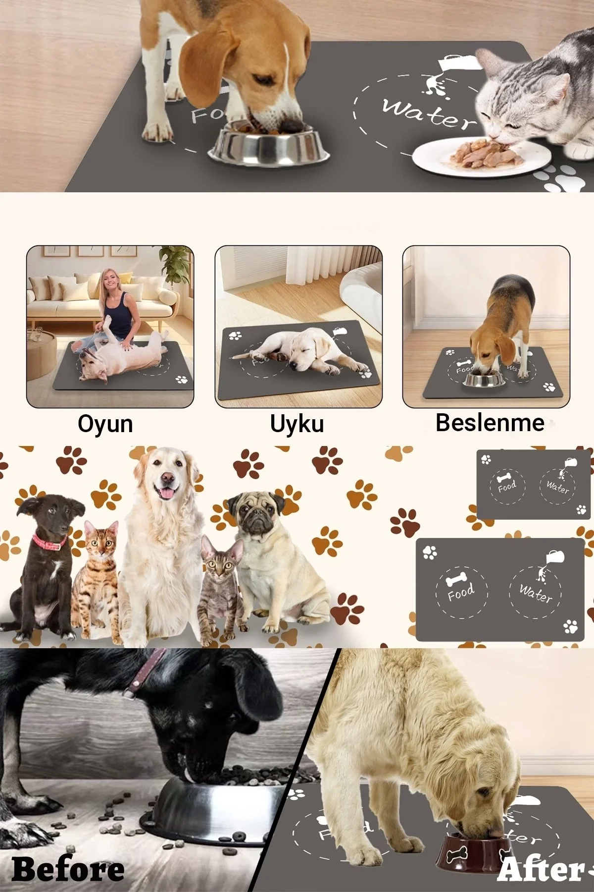 MAtGo Pati Food Water Gri Evcil Hayvan Beslenme Matı Kaymaz Sıvı Geçirmez Kedi Köpek Mama Paspası 50x70cm