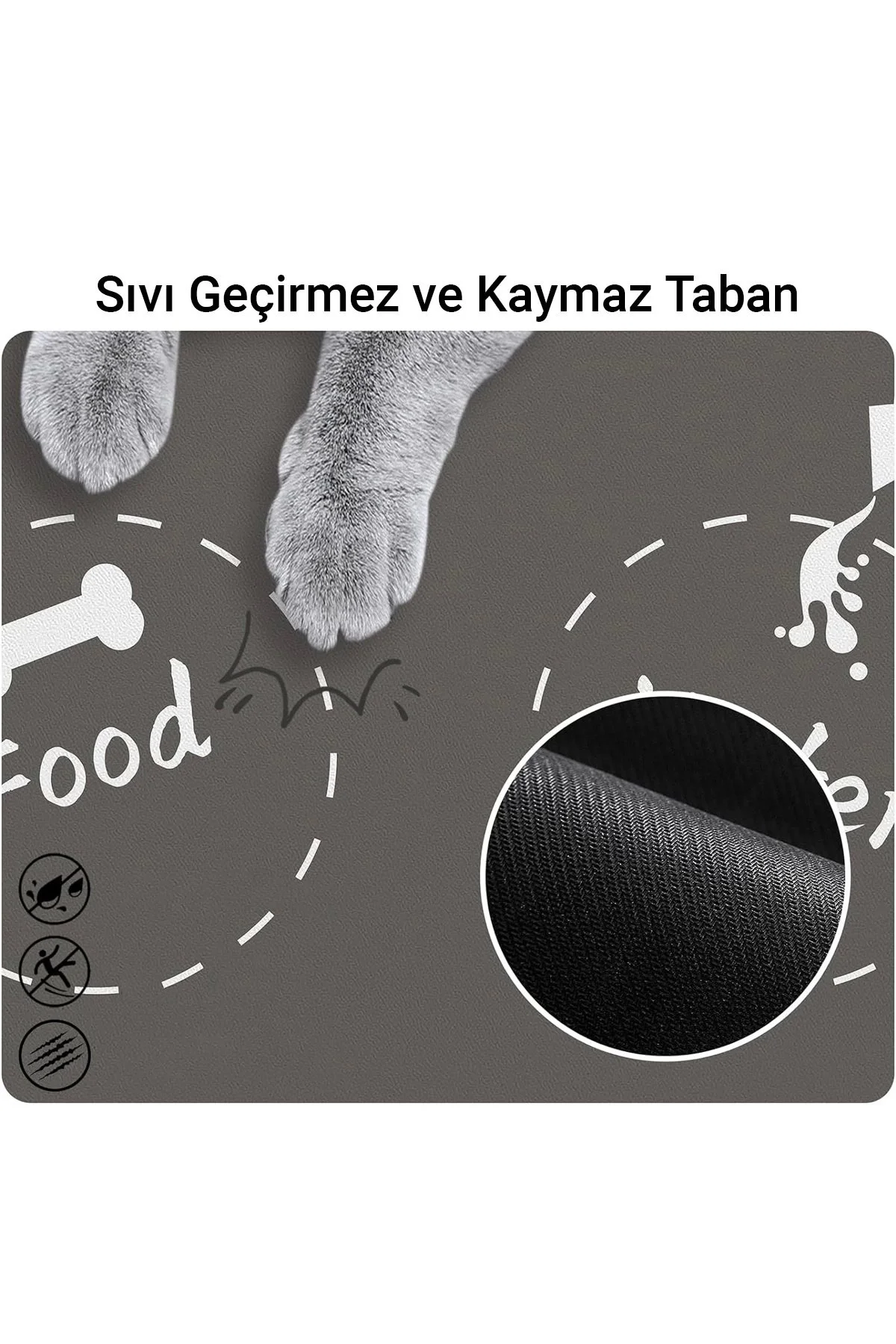 MAtGo Pati Food Water Gri Evcil Hayvan Beslenme Matı Kaymaz Sıvı Geçirmez Kedi Köpek Mama Paspası 50x70cm