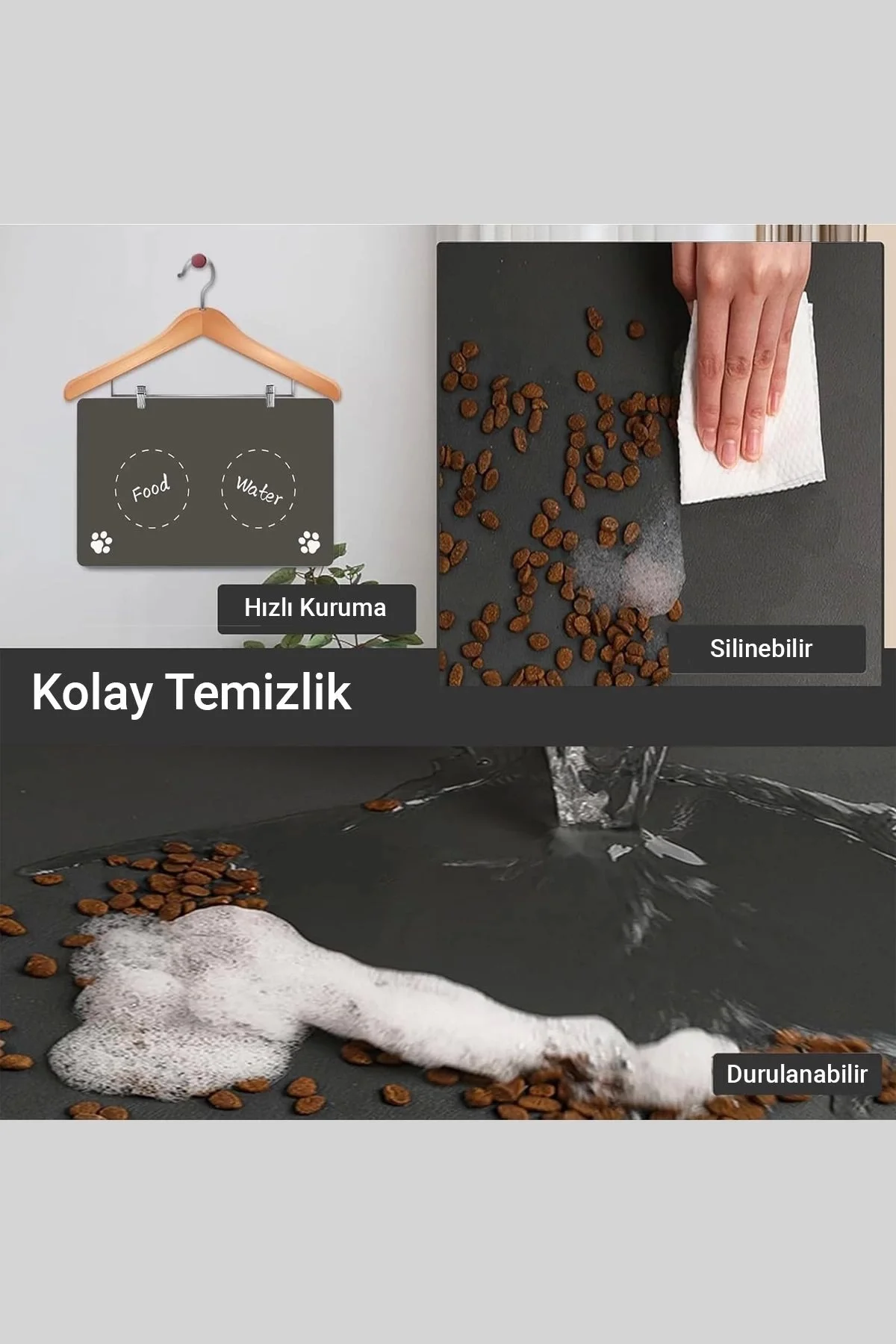 MAtGo Pati Food Water Gri Evcil Hayvan Beslenme Matı Kaymaz Sıvı Geçirmez Kedi Köpek Mama Paspası 50x70cm