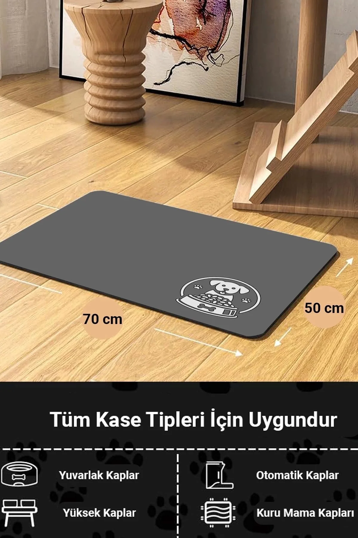 MAtGo Pati Gri Köpekli Evcil Hayvan Beslenme Matı Kaymaz Su Geçirmez Kedi Köpek Mama Paspası 50x70cm