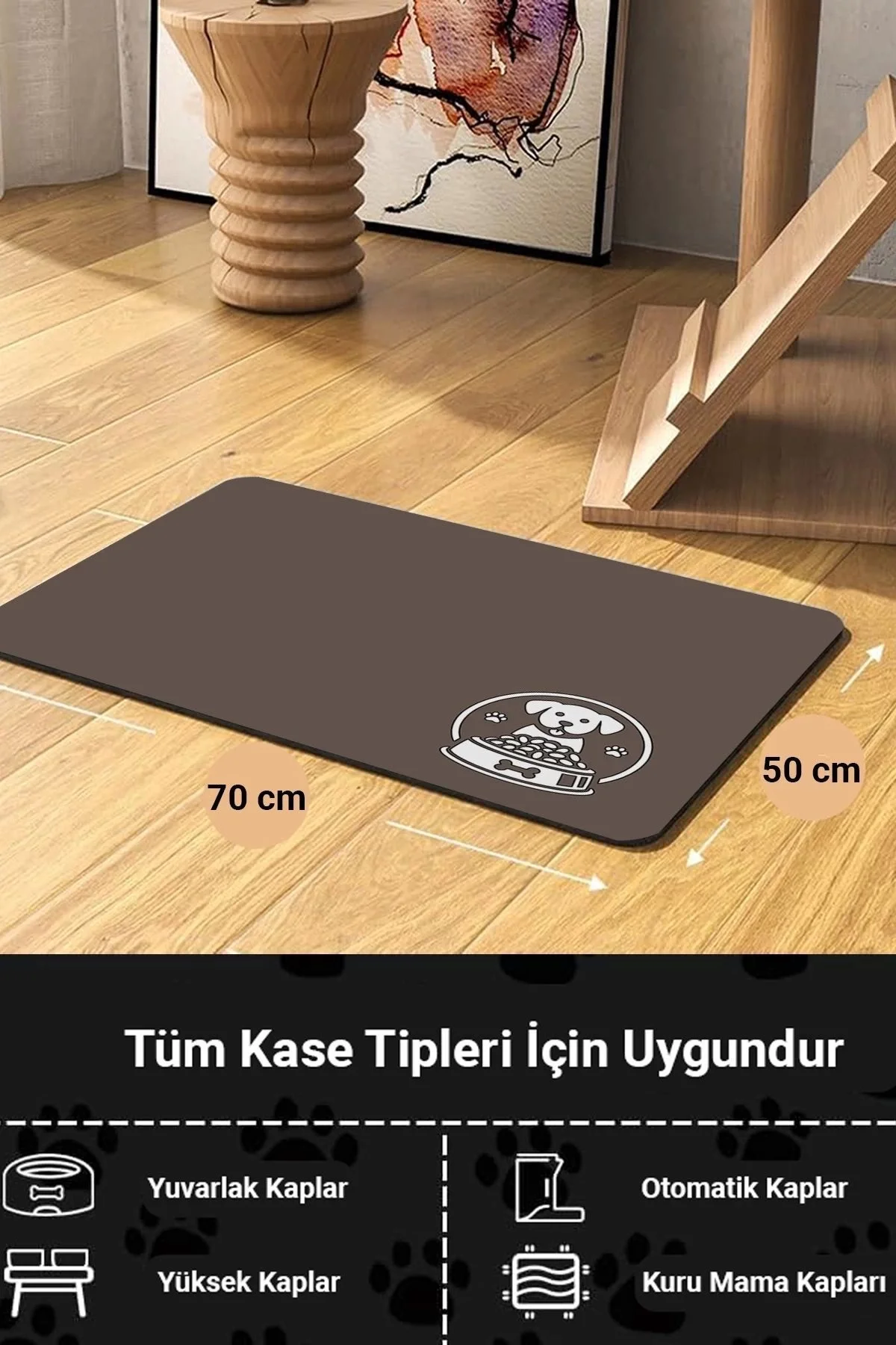 MAtGo Pati Kahverengi Köpek Figürlü Beslenme Matı Kaymaz Sıvı Geçirmez Kedi Köpek Mama Paspası 50x70cm