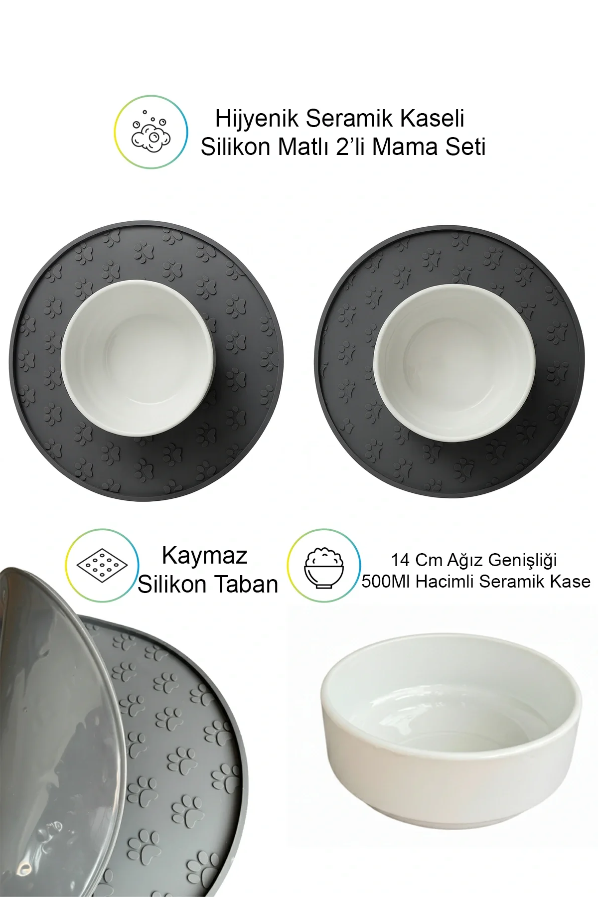 MatGo Pati Kedi Köpek Beslenme Mama Su Kabı Kaymaz Silikon Matlı Seramik Kaseli 500Ml Hacimli 2’li Set