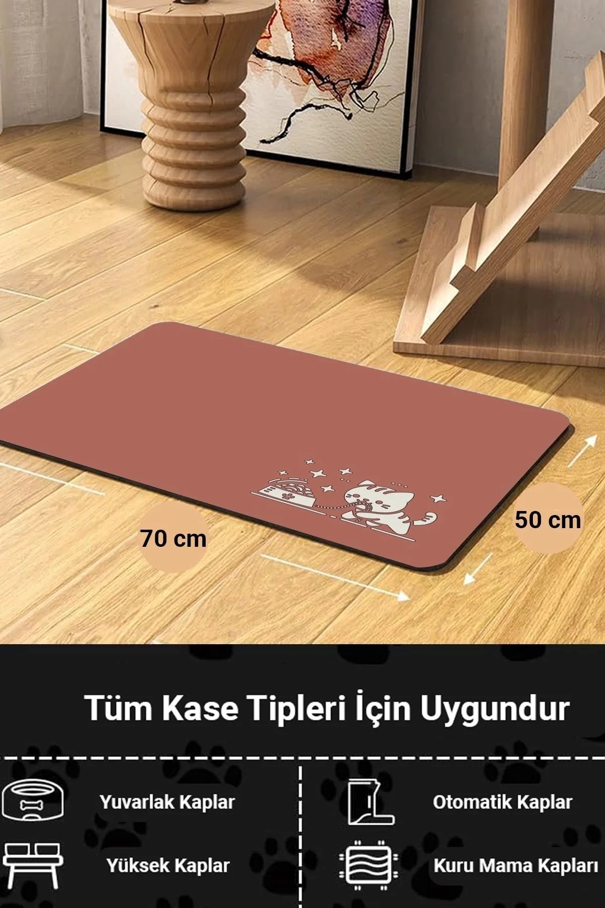MAtGo Pati Mama Çeken Kedi Gül Kurusu Beslenme Matı Kaymaz Sıvı Geçirmez Kedi Köpek Mama Paspası 50x70cm