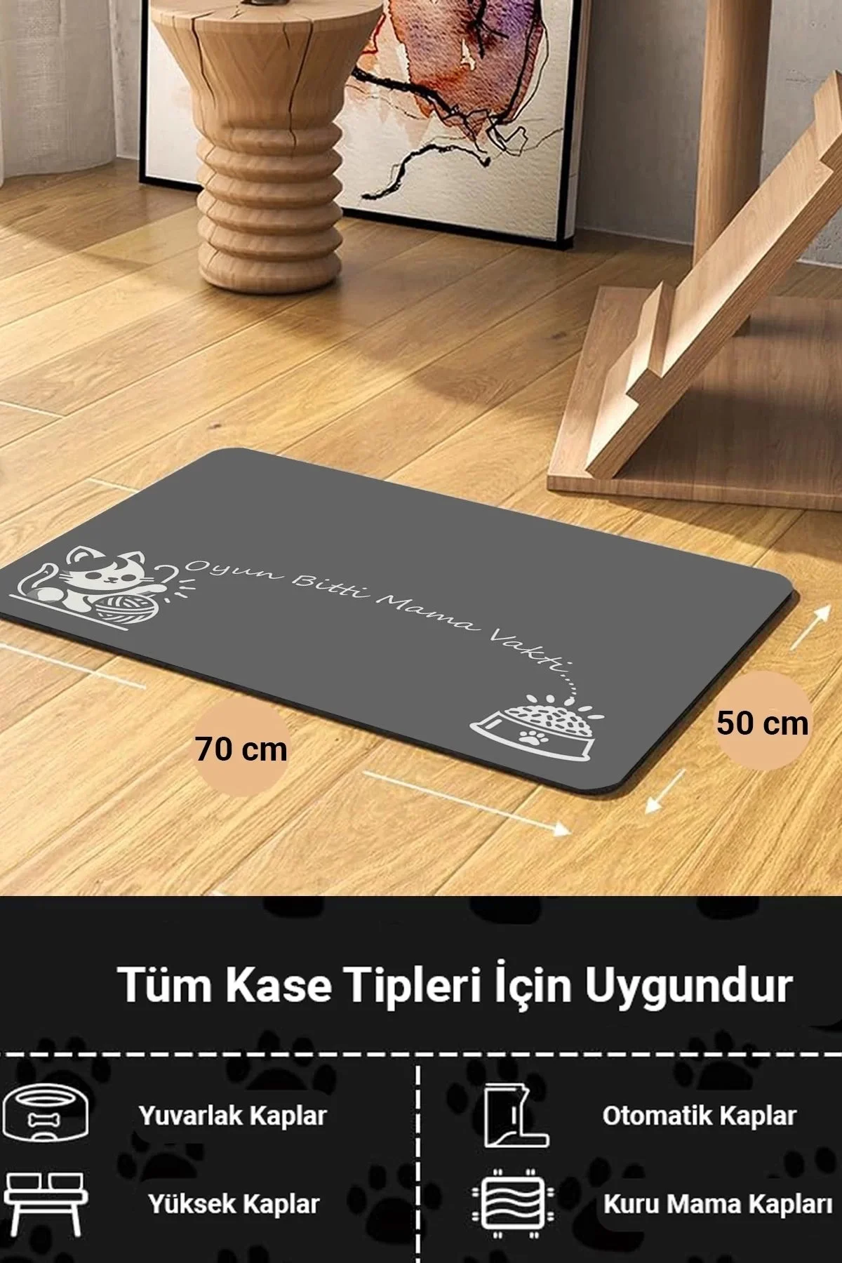 MAtGo Pati Oyun Bitti Mama Vakti Beslenme Matı Kaymaz Sıvı Geçirmez Kedi Köpek Mama Paspası 50x70cm