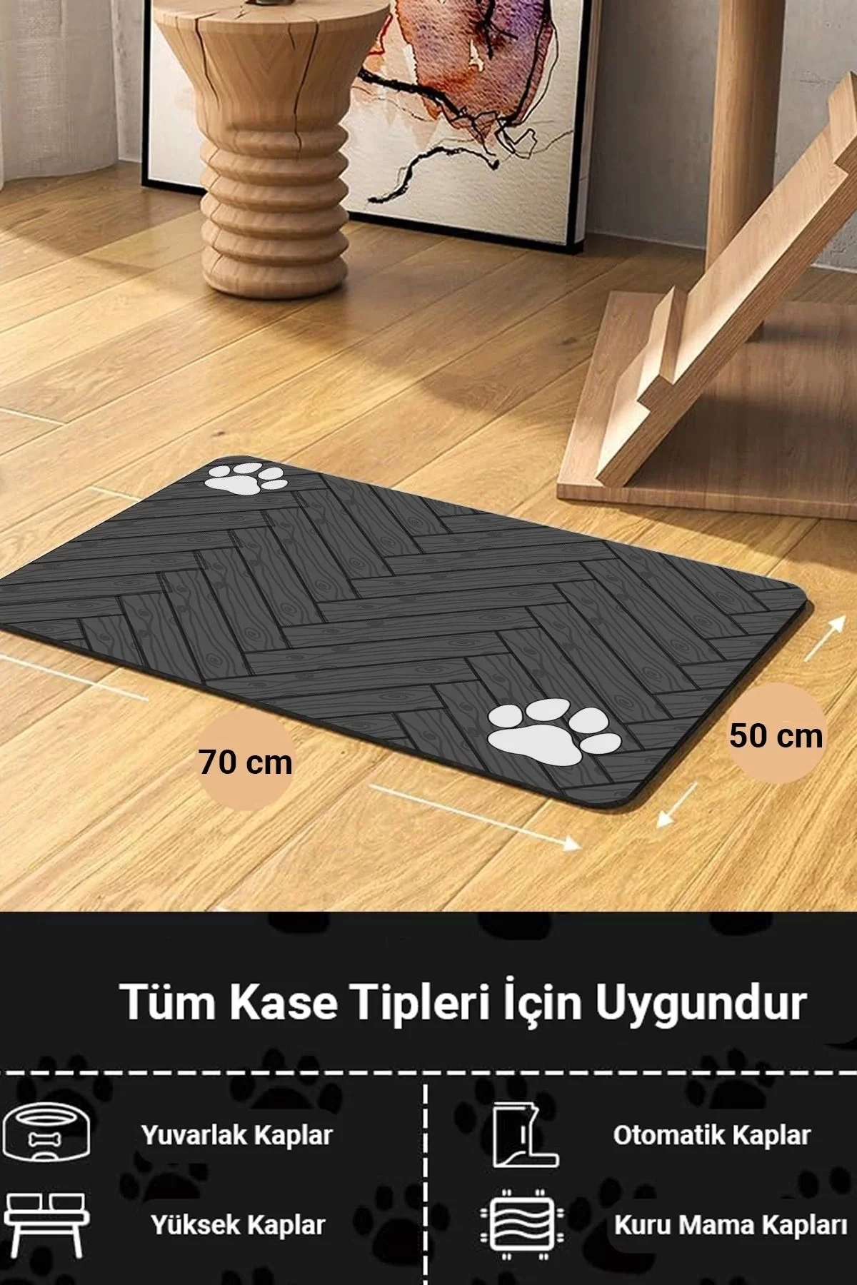 MAtGo Pati Parke Desenli Gri Renk Beslenme Matı Kaymaz Sıvı Geçirmez Kedi Köpek Mama Paspası 50x70cm