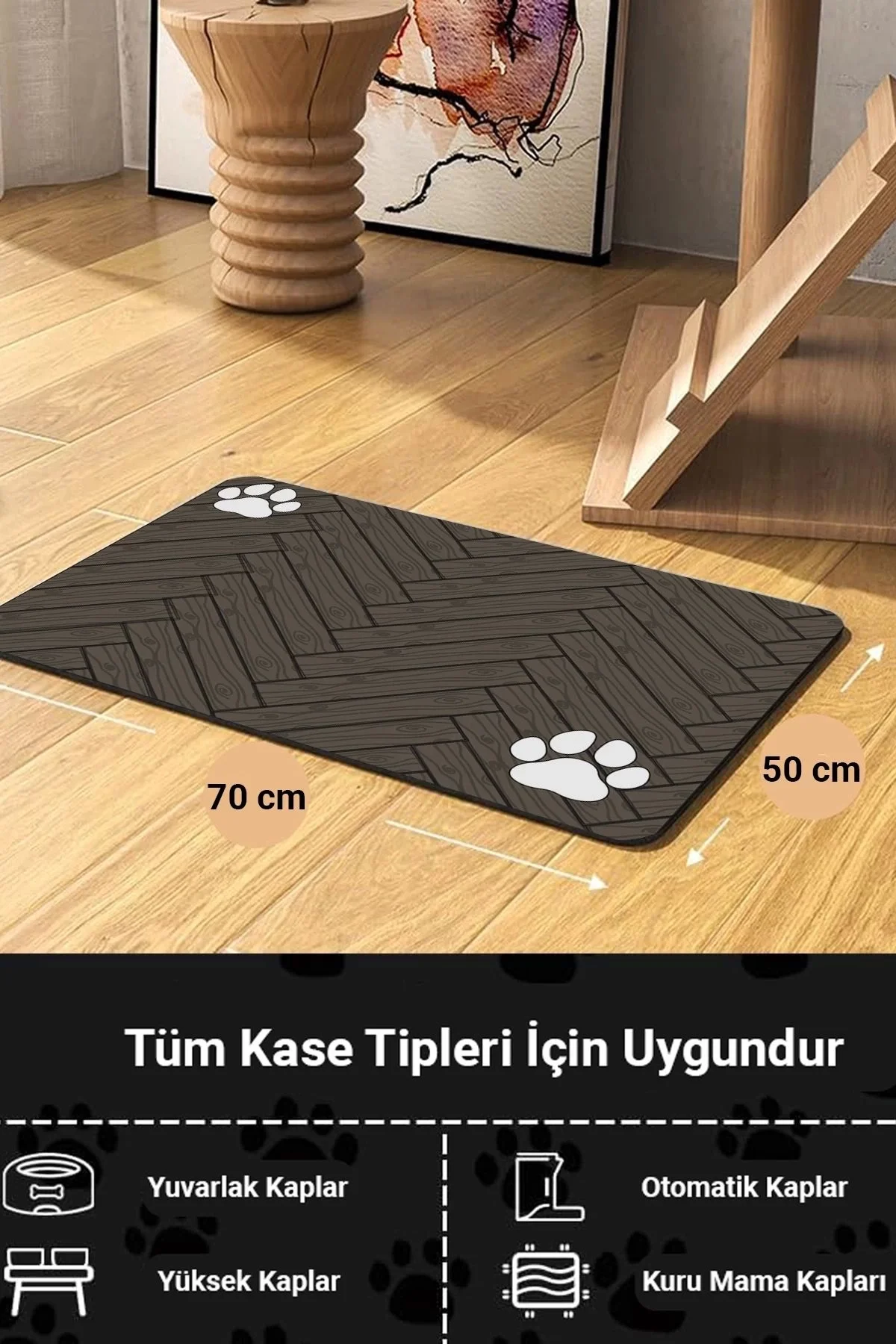 MAtGo Pati Parke Desenli Kahverengi Beslenme Matı Kaymaz Sıvı Geçirmez Kedi Köpek Mama Paspası 50x70cm
