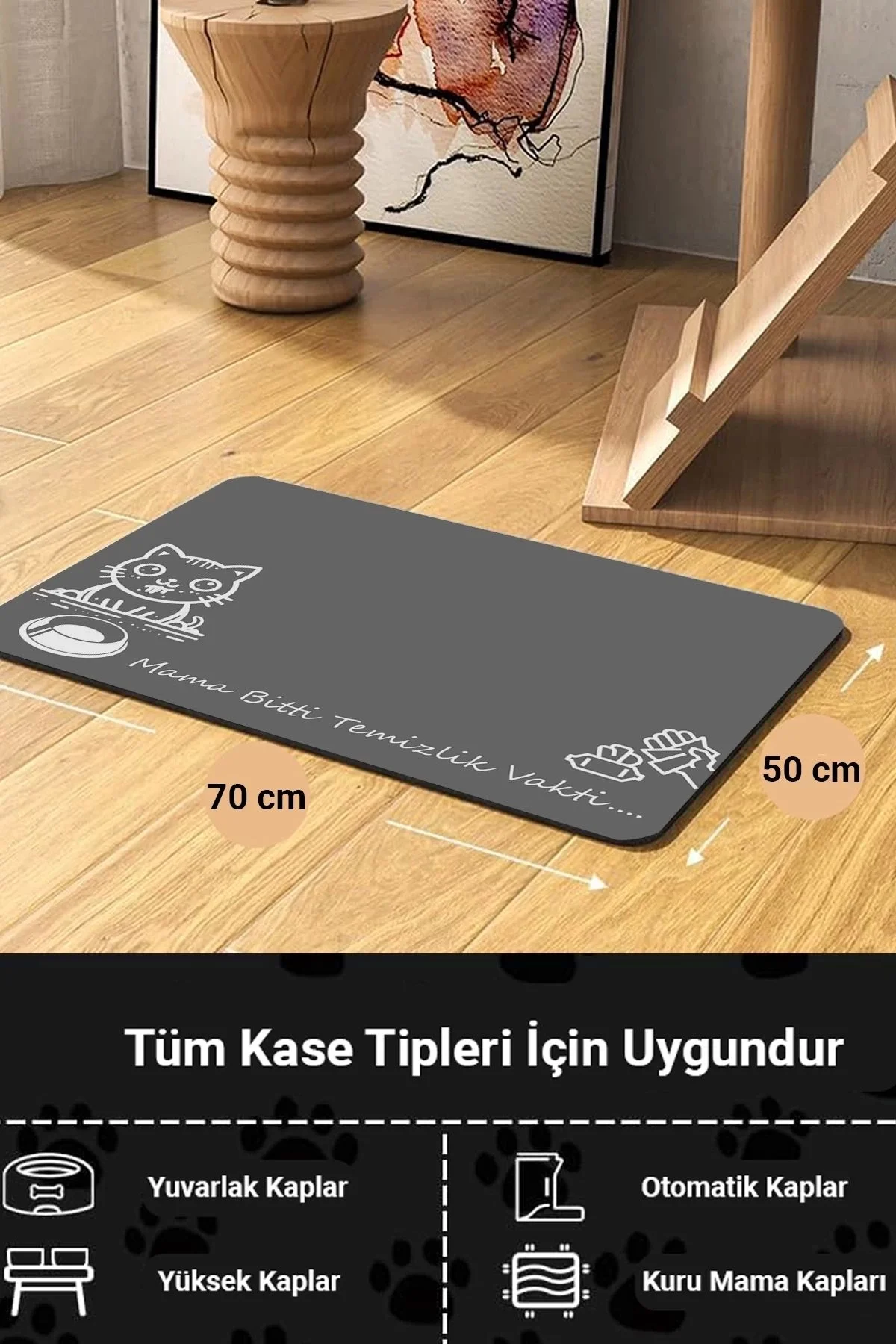 MAtGo Pati Temizlik Vakti Evcil Hayvan Beslenme Matı Kaymaz Sıvı Geçirmez Kedi Köpek Mama Paspası 50x70cm