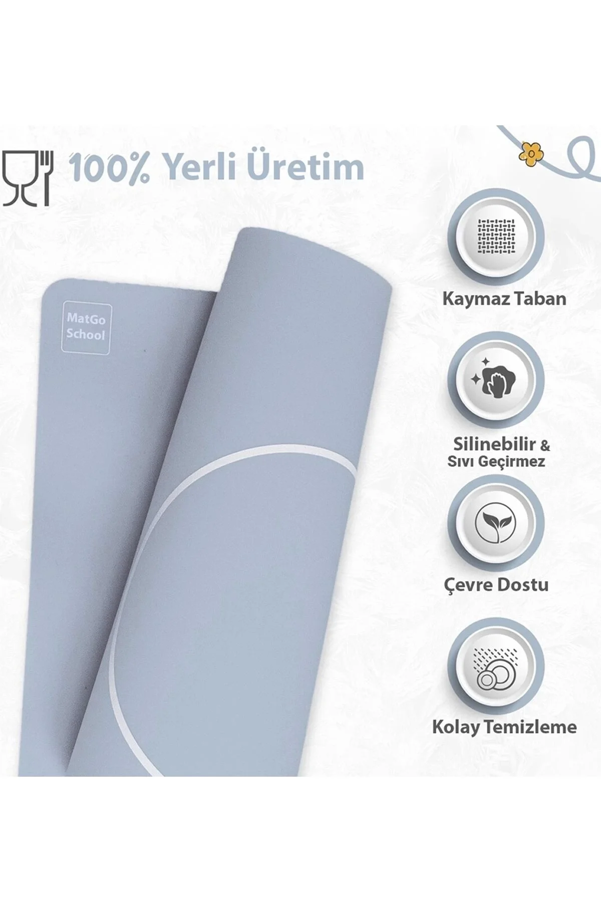 MAtGo School Çatal Kaşık Desenli Gri Sıvı Geçirmez Beslenme Matı Kaymaz Yıkanabilir Okul Yemek Pad 35x45cm