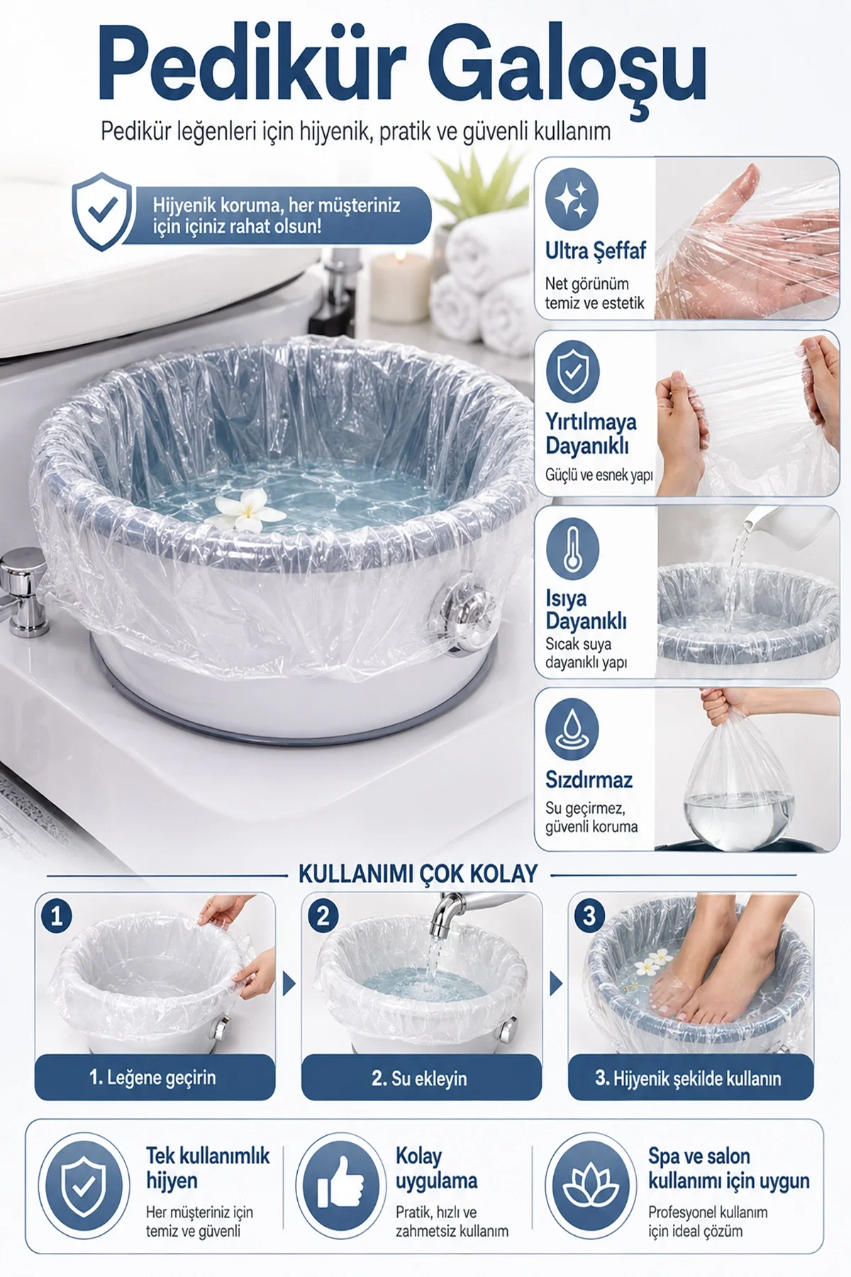 MivelaCure Pedikür Ayak Banyosu Galoşu Tek Kullanımlık Şeffaf Spa Masaj Küvet Poşeti 80x82cm 100 Ad.
